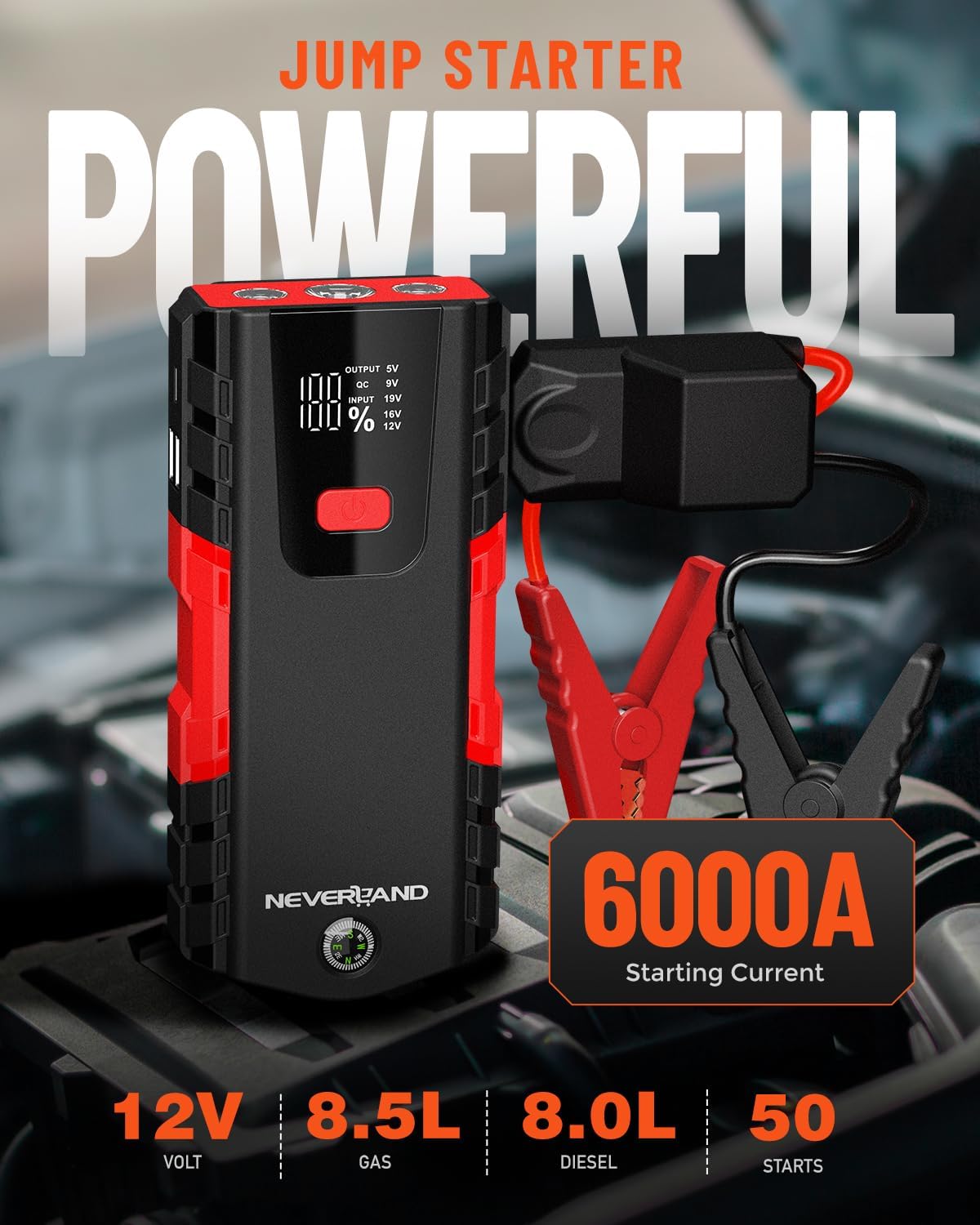 NEVERLAND Car Battery Jump Starter - 6000A Peak Portable Jump Starter Power Pack(for 8.5L Gas/8L Diesel), 4 Modes LED Lights Safe Jump Box for Car Battery with 2 USB Ports Power Bank, Compass, Red