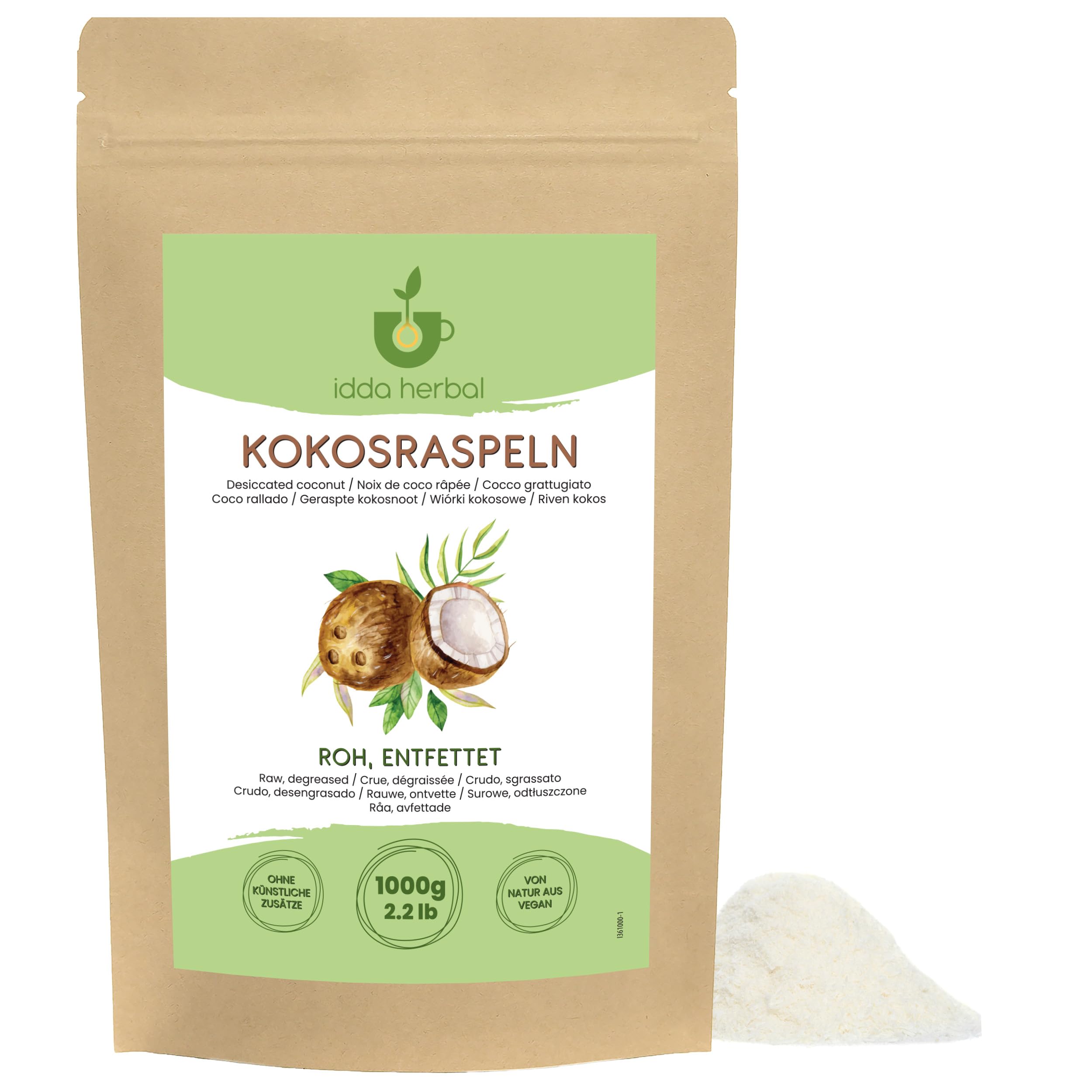 IDDA Herbal Coco Desecado 1kg, Pulpa de Coco Cruda Rallada para Hornear, Repostería y Postres