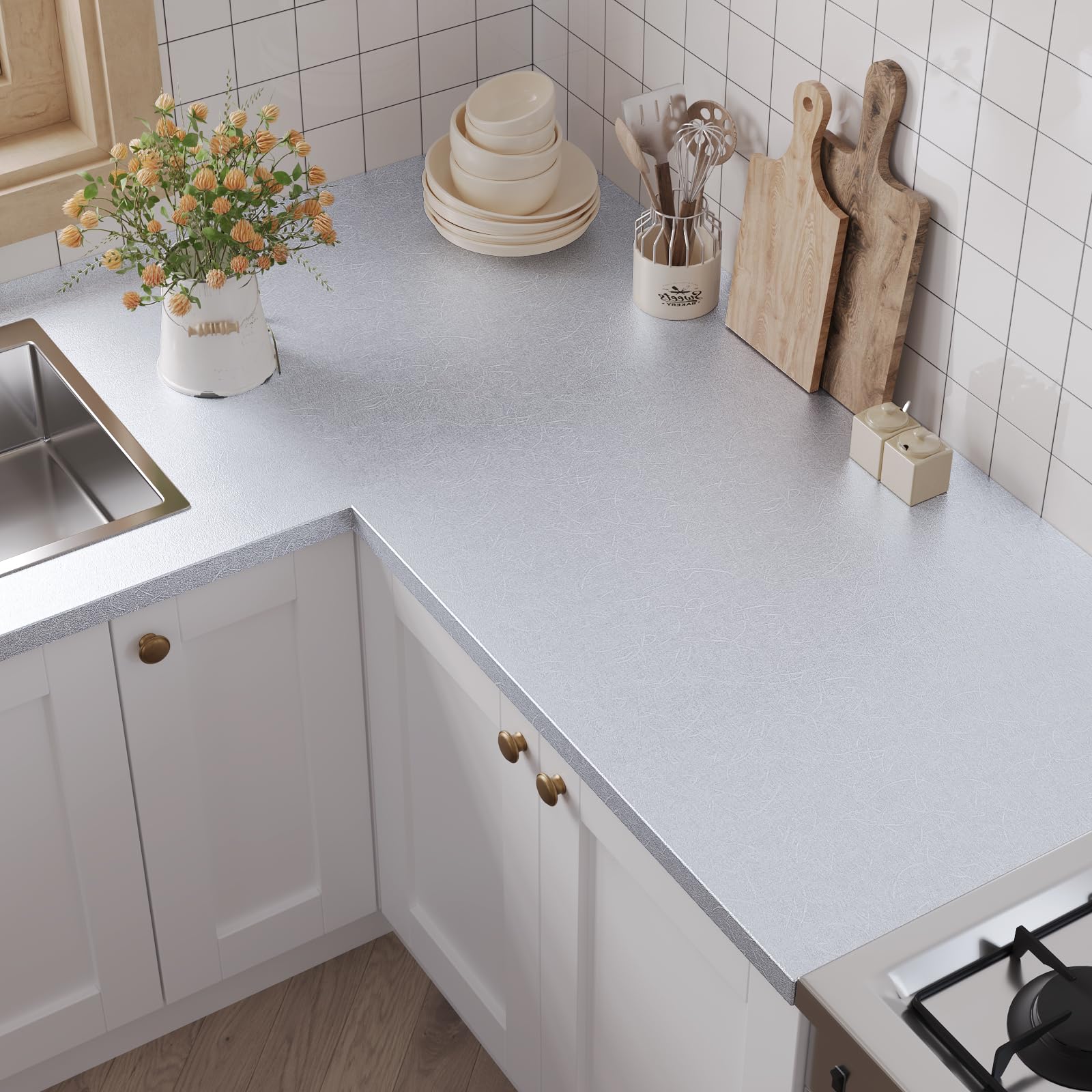 VaryPaper Thicken Silver Metallic Wallpaper Peel and Stick Wallpaper 40cmx200cm Sticky Back Plastic Kitchen Worktop Covering Waterproof Cupboards Vinyl Wrap for Furniture Splashbacks Fridge Stickers