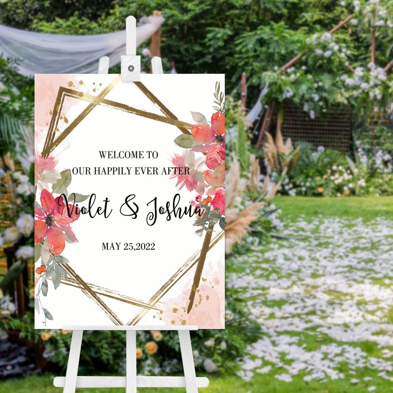 Panneau de bienvenue mariage bois avec roses pour guider vos invités avec élégance