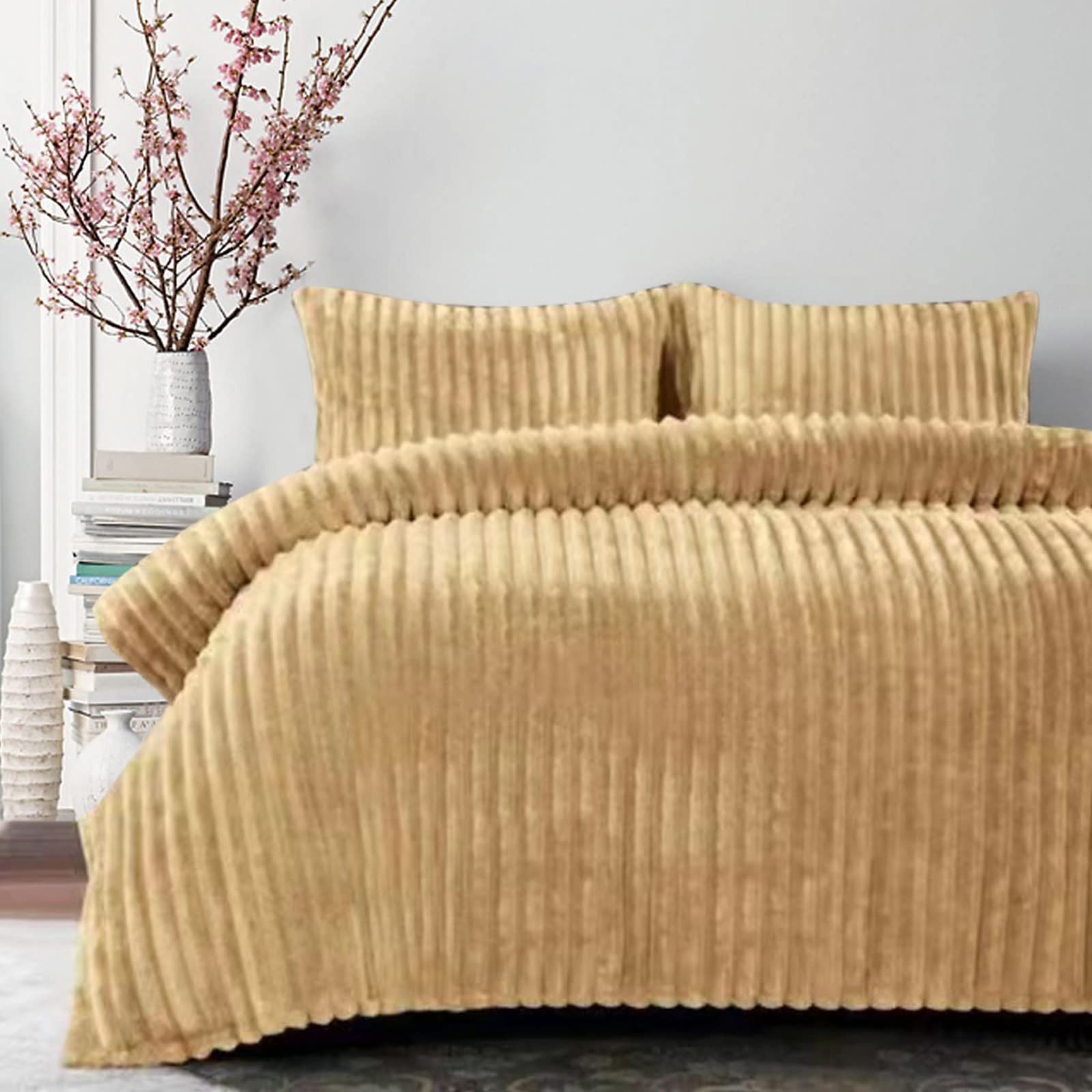 Y Homeware Mustard Yorkshire Homeware Chunky Rib Duvet Cover Sets Teddy Soft & Cosy Luxury Fleece Easy Care Quilt Bedding Covers Pillowcases (, Double)