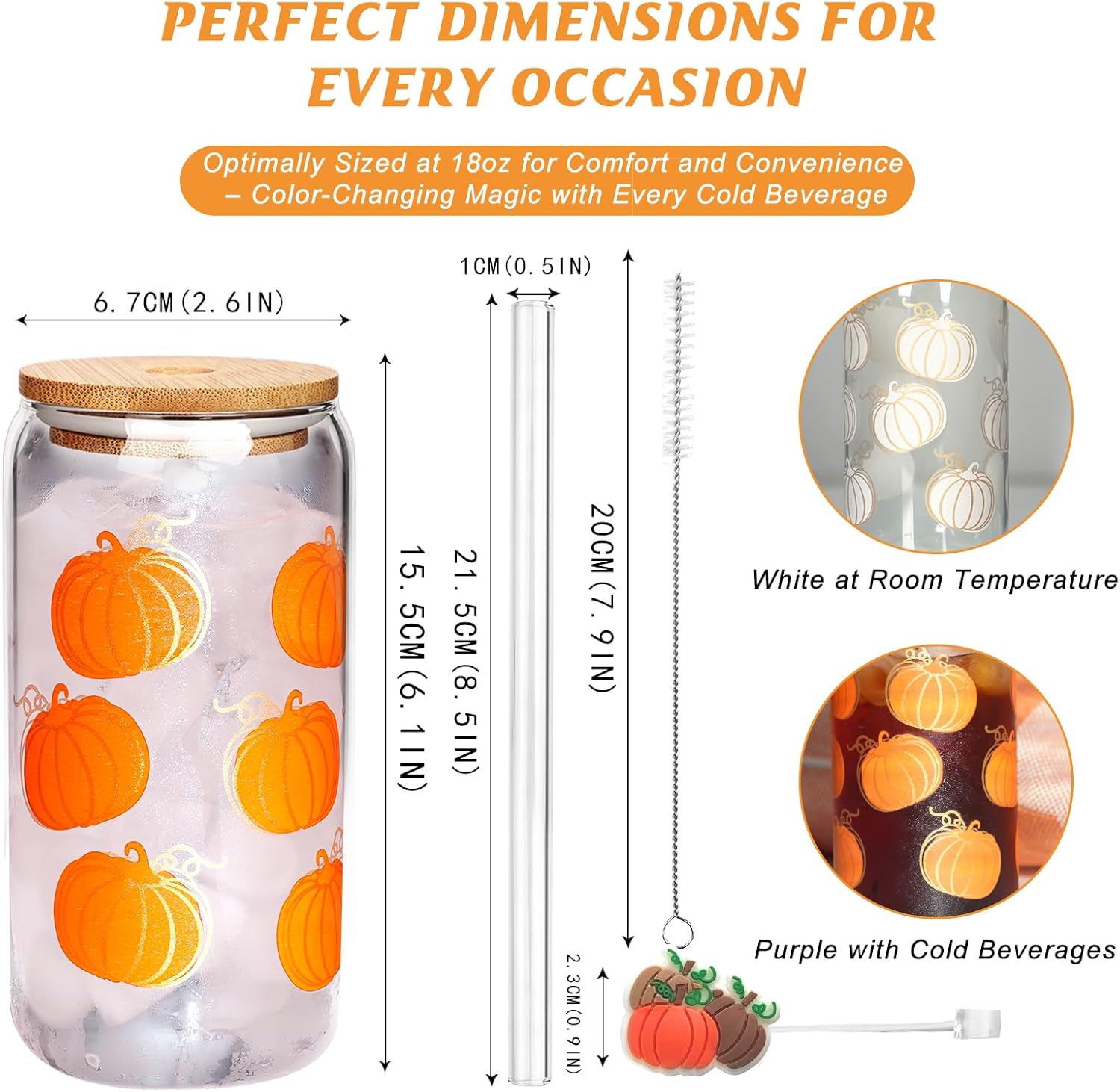 ANOTION Cute Glass Cups - Color Changing Cups with Lids and Straws Unique Autumn Decor & Iced Coffee Cup Fall Decor Pumpkin Mug with Pumpkin Decor Thanksgiving Fall Wedding Tumbler Fall Mugs, 4 Packs - Image 6