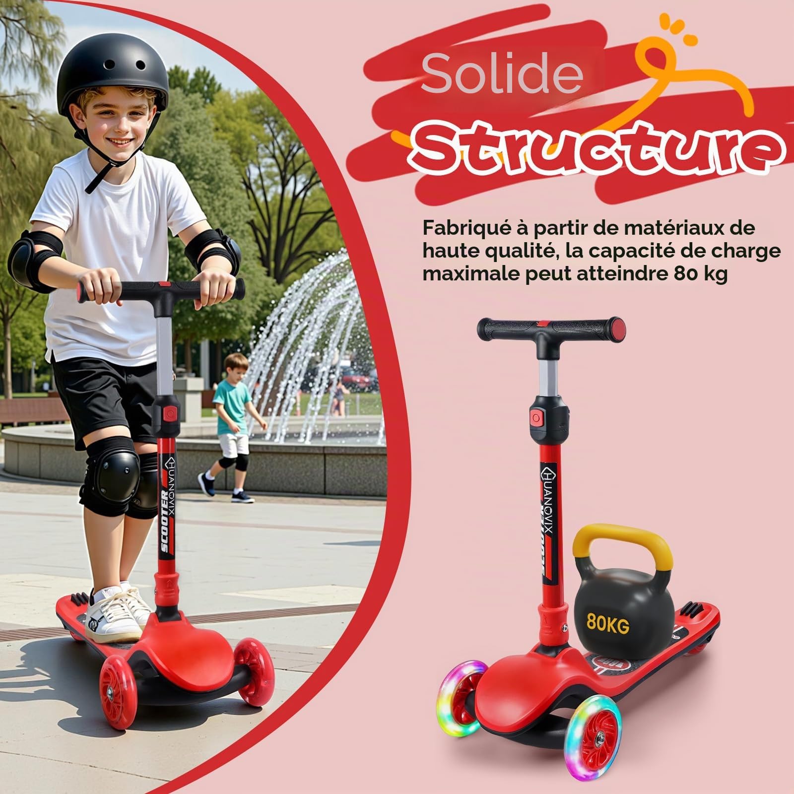 Trottinette pliable pour enfant avec clignotants, hauteur réglable, large plateau et frein, pour garçons et filles à partir de 3 ans