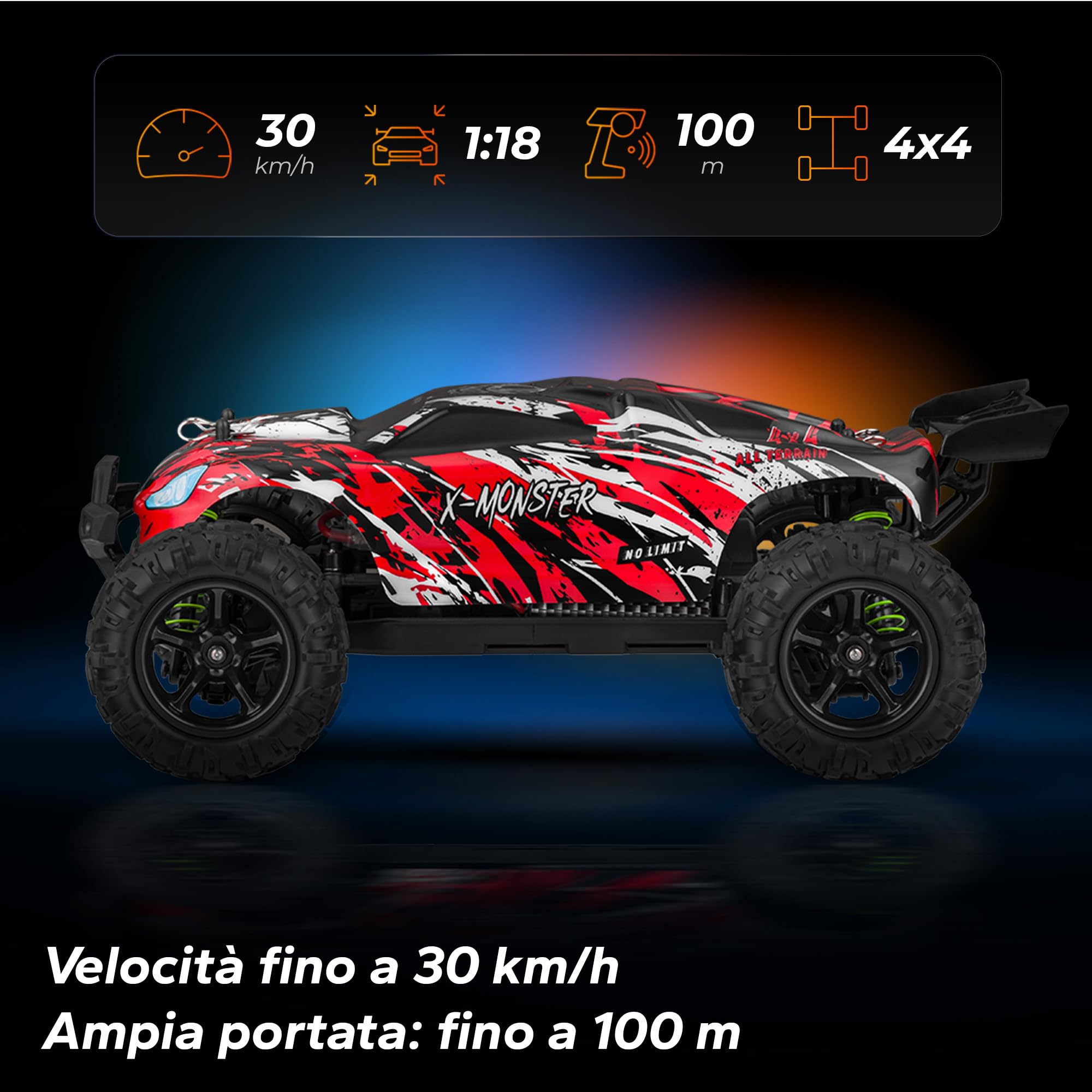 Overmax X-Monster 3.5 Auto RC Rally Velocità di 45 km/h Autonomia di 40 Minuti con 2 Batterie da 1700 mAh Trasmissione 4x4 Pneumatici ad Alte Prestazioni, Struttura in Robusto e Raggio d'Azione 100m
