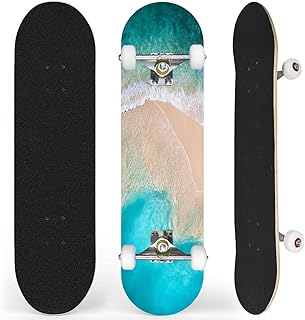 Complete Skateboard with Beautiful Summer Beach Turquoise Tropical sea Summer Beginner Skateboard 7-Layer Maple Wood Double Kick Concave Skateboards for Kids, Adults, Teens 31" x 8"