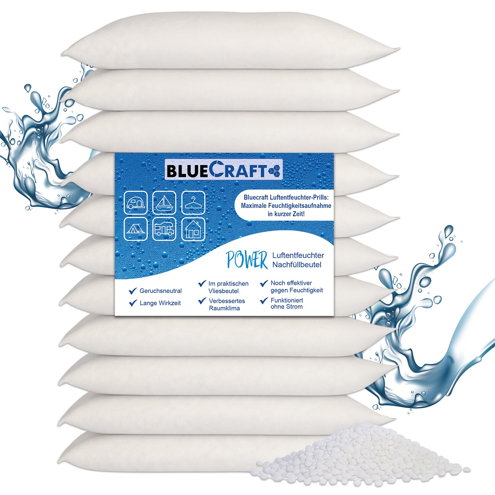 Bluecraft 10x 1kg Premium Luftentfeuchter Nachfüllpack ohne Strom Calciumchlorid Prills Raumentfeuchter Granulat Entfeuchter Keller Badezimmer Wohnung Schlafzimmer Feuchtigkeitskiller gegen Schimmel