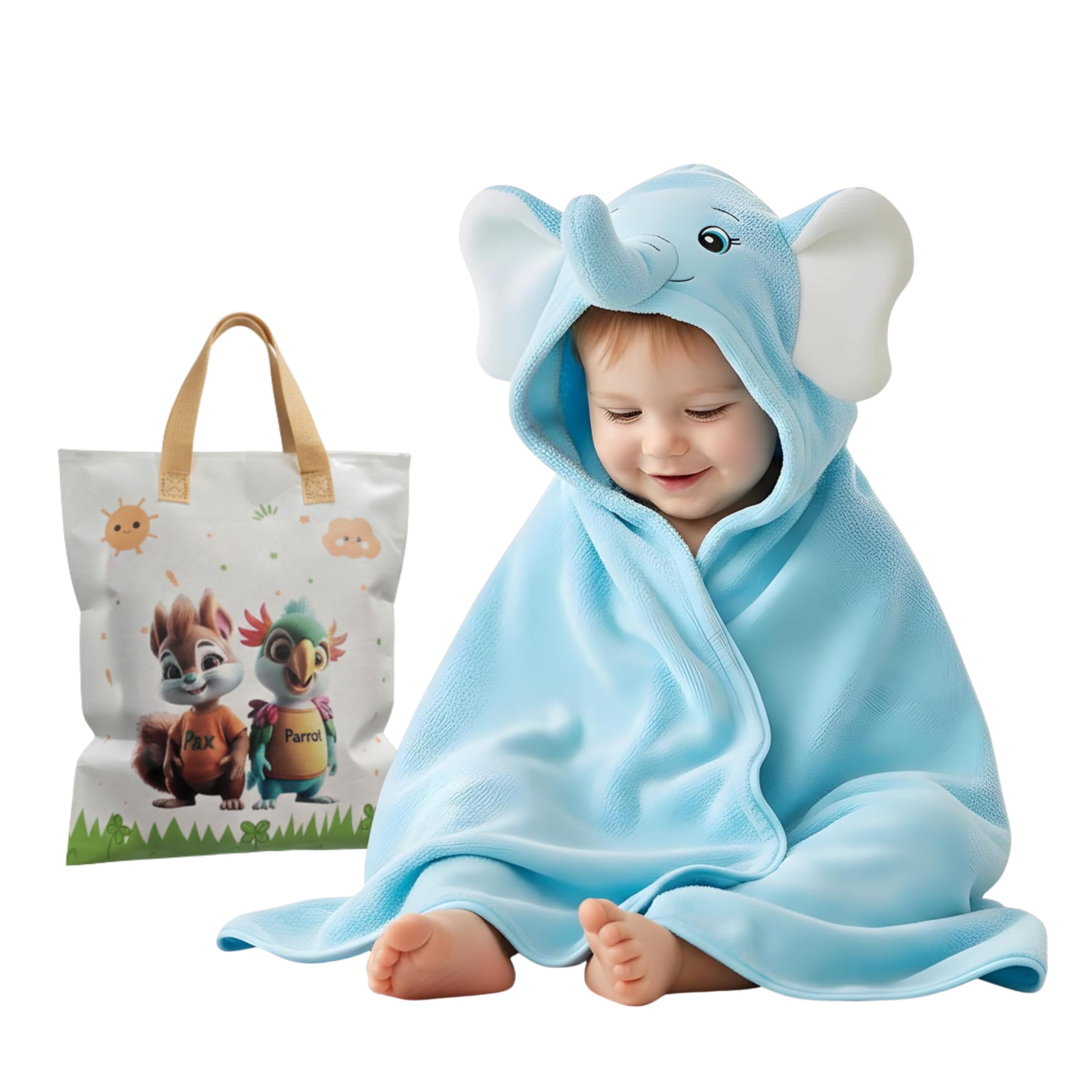 Ultra-Soft Baby Hooded Towel | 4 Characters Stickers for Baby |100% Cotton, Hypoallergenic & Super Absorbent Bath Wrap for Newborns & Toddlers | Cute Animal Design, (0-5Years) (Sky Blue Elephant)-image-38