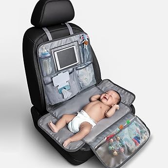 Baby Portable Diaper Changing Station for Your Car | Waterproof, Detachable, Toy Loops, 4 Pockets, Wet Wipes Holder, Tummy Time Mat, Kick Mat, Tablet Holder | LUMI - Black with Ministars