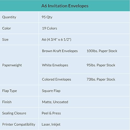 Miniatura 7 de 95 sobres de invitación A6 de 19 colores – Despegar y sellar sobres de 4 3/4 x 6 1/2 cuadrados en blanco con solapa – Papelería para tarjetas de