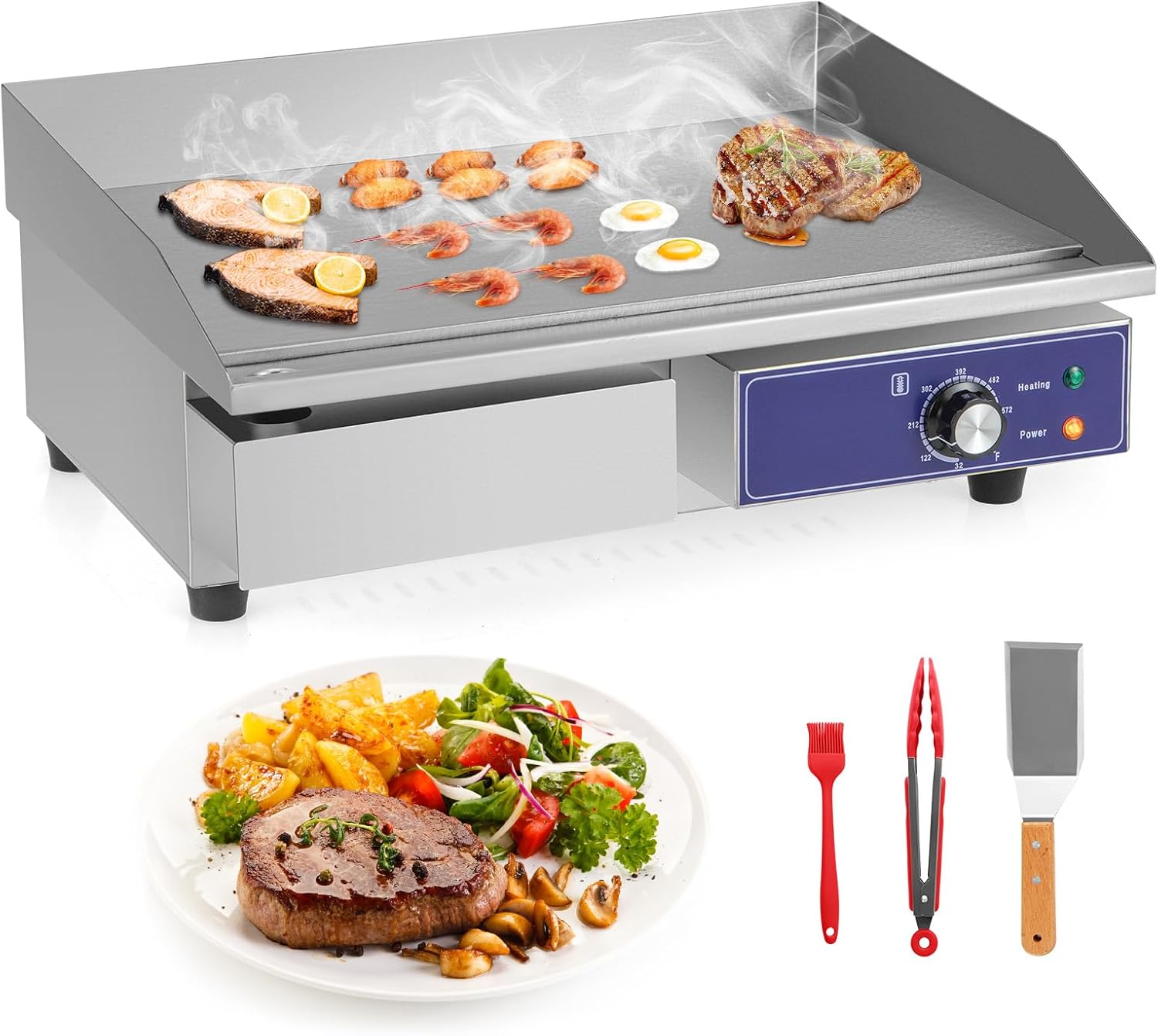 Happygrill 22″ Commercial Electric Griddle, Stainless Steel Flat Top Grill w/Adjustable Temperature Control 122℉-572℉, Complete Accessories, 2000 W Electric Countertop Griddle for Kitchen Restaurant Happygrill 22″ Commercial Electric Griddle, Stainless Steel Flat Top Grill w/Adjustable Temperature Control 122℉-572℉, Complete Accessories, 2000 W Electric Countertop Griddle for Kitchen Restaurant