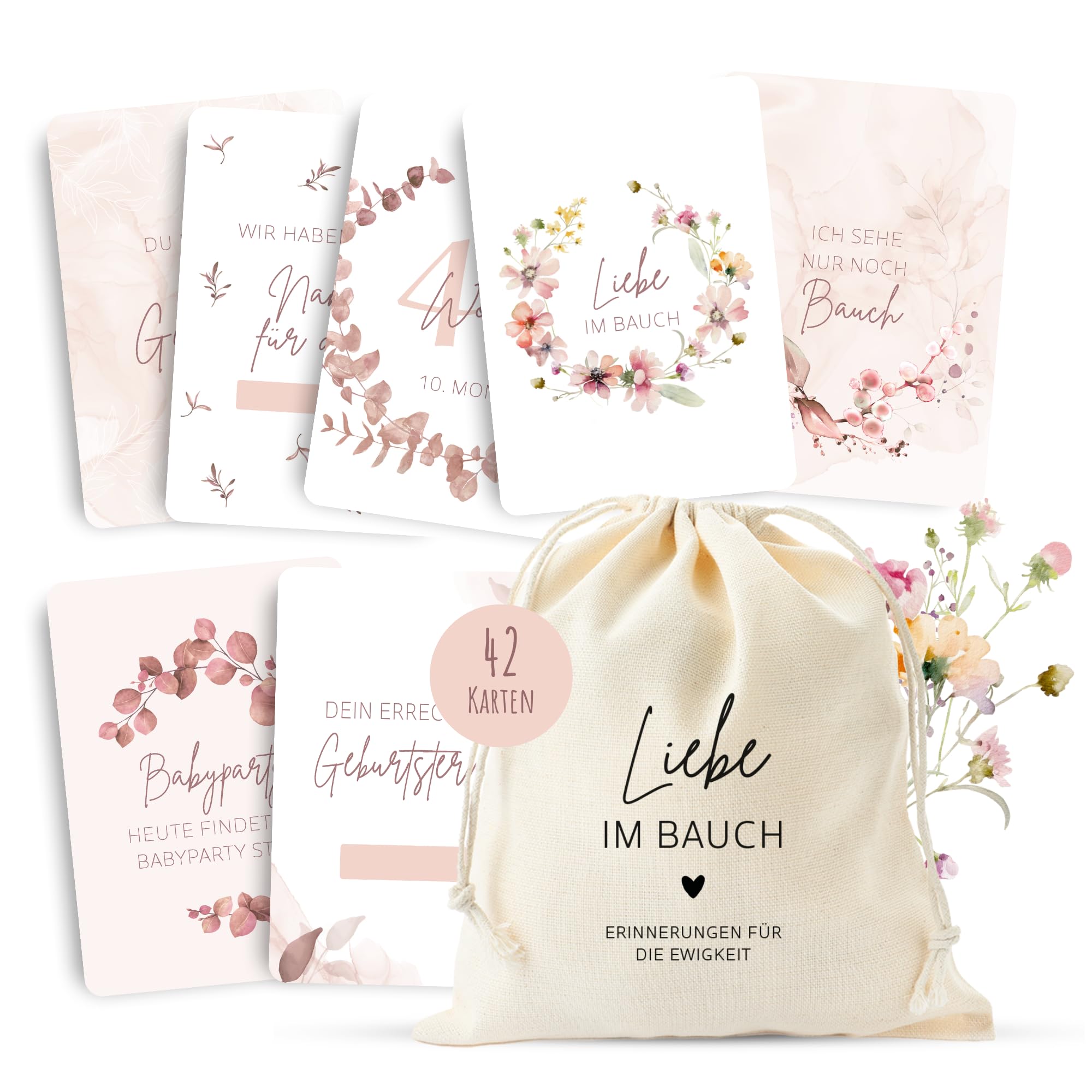MeinBaby123® Meilensteinkarten Schwangerschaft | Meilenstein Karten Set Geschenk zur Schwangerschaft | Fotokarten für die Schwangerschaft | 42 Karten Inkl. hochwertigem Baumwollsäckchen (rosa)