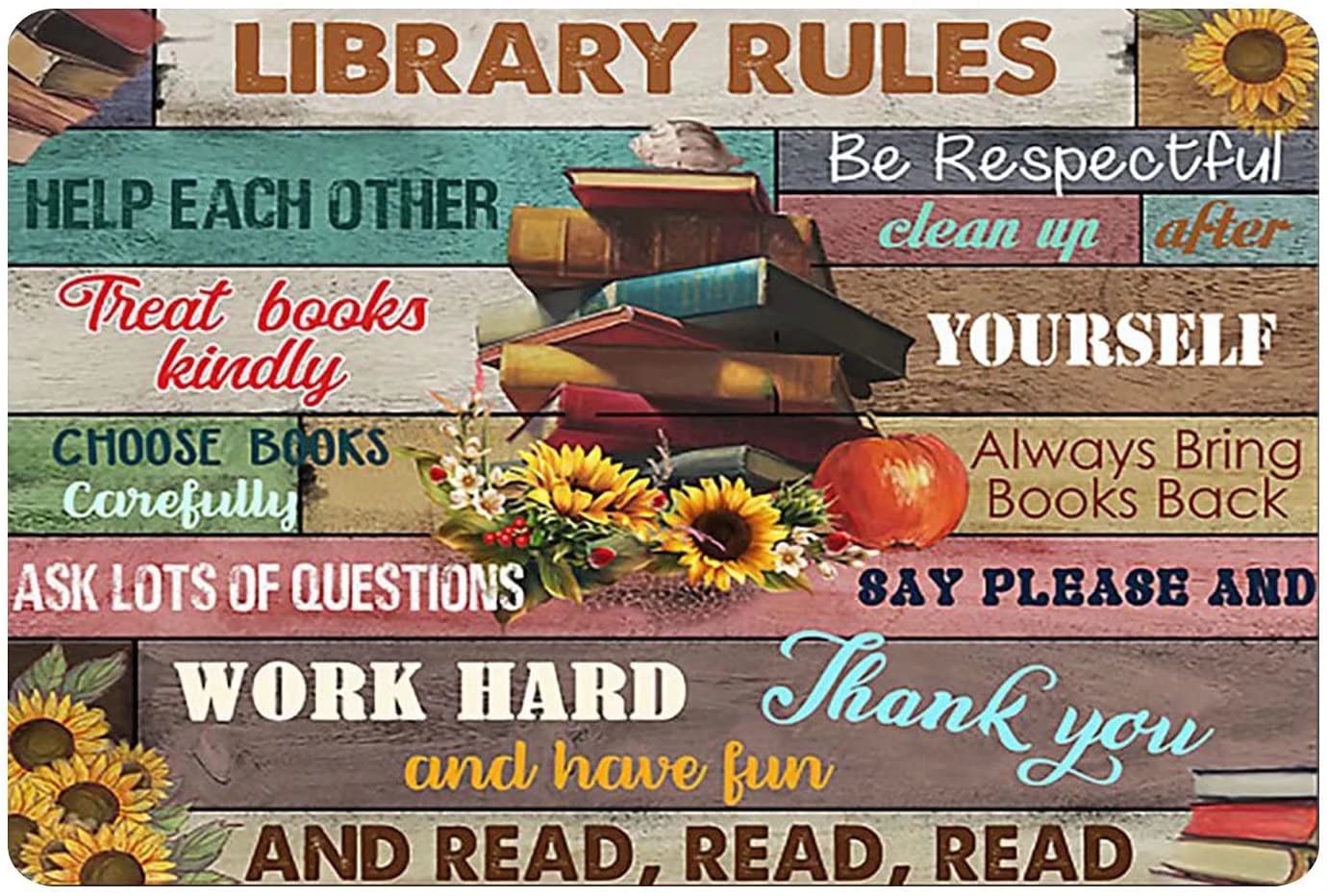 Tin Sign Library Rules Vintage Retro Collectible tin Sign Wall Decoration Poster Home bar Restaurant Garage Cafe Art Metal Sign Gift 12x16 Inch