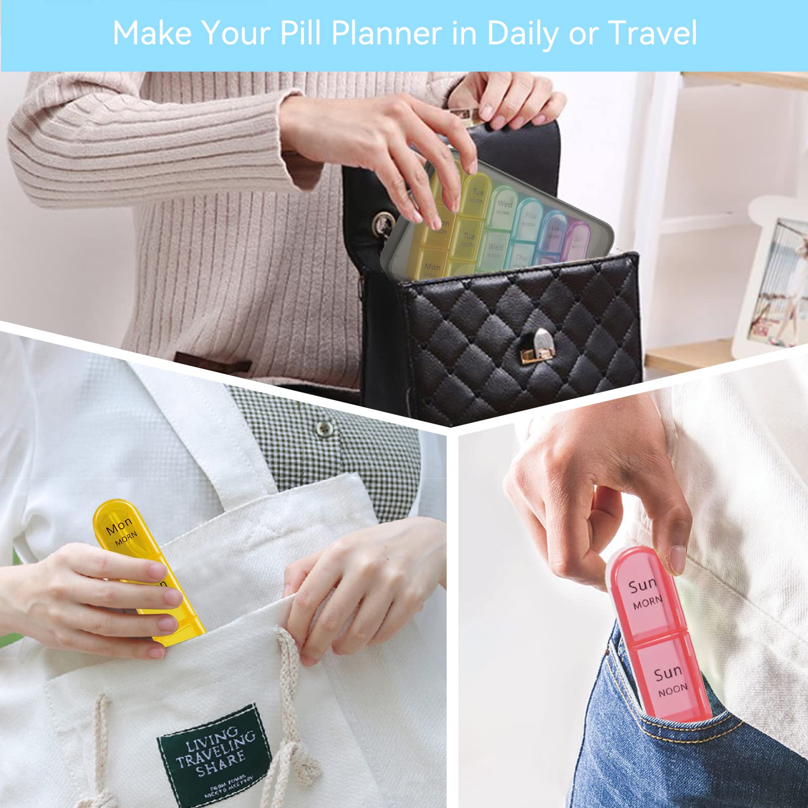 Weekly Pill Organizer 3 Times A Day, 7 Day Pill Box Large Compartments Moisture-Proof Pill Case, Daily Portable Travel Morning Noon Evening Pill Container, for Fish Oils, Vitamins, Supplements