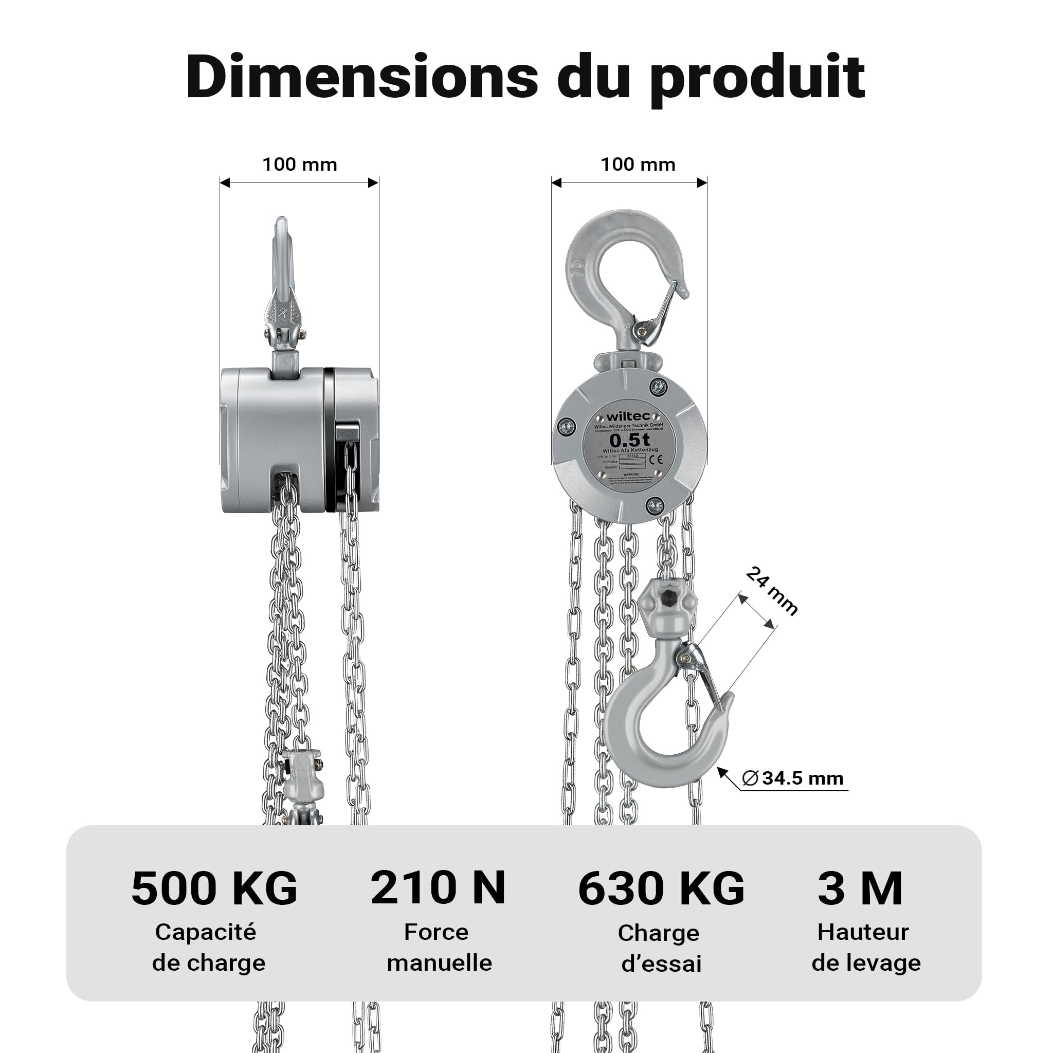 Wiltec Palan à chaîne Aluminium Charge jusqu'à 500 kg Treuil manuel Hauteur de levage 3 m G100 Palan à levier Système Levage Charges lourdes Traction Équipement Atelier