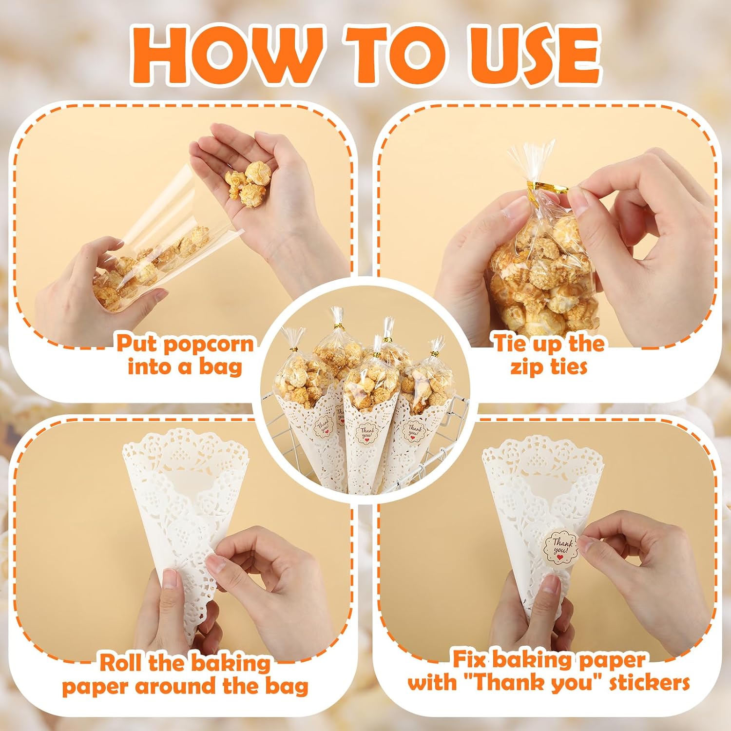 LemonRoad 100 Pcs Popcorn Cones Bags Set 5 x 10 Inch Cone Shaped Cellophane Treat Bags with 6.5 Inch White Lace Paper Doilies and Thank You Stickers for Wedding Party Candy Popcorn Snack Wraps