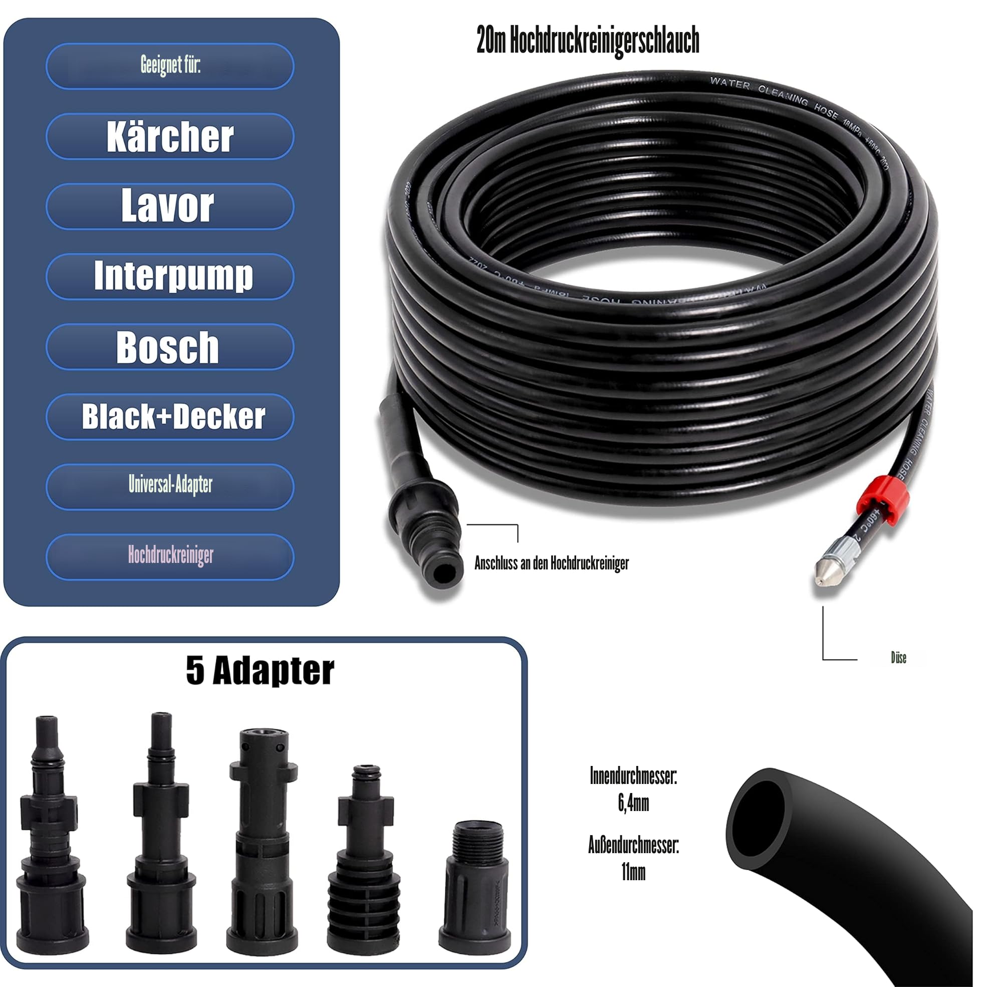 Rohrreinigungsschlauch 20 M, mit 5 Adapter 180bar 60°C Rohrreinigungsset für Kärcher K2-K7, Lavor, Interpump, Bosch Hochdruckreiniger, Rohrreinigungsset für Hochdruckreiniger