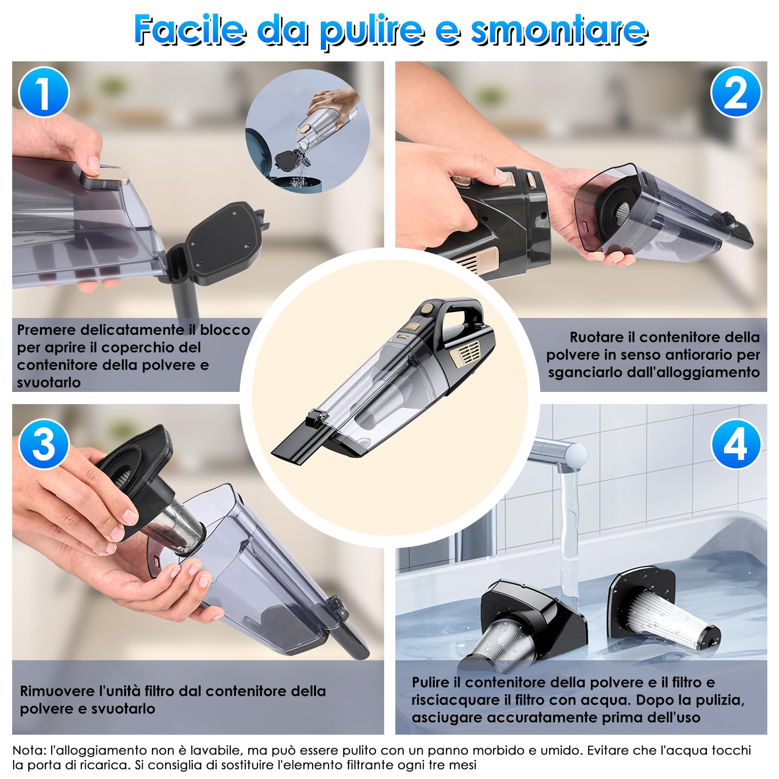 Aspirapolvere Potente, 15000pa Aspirapolvere Auto, Aspirabriciole Senza Fili con 2 Filtri, Potente, leggero e portatile, Durata della batteria fino a 30min, per auto, casa e peli di animali domestici