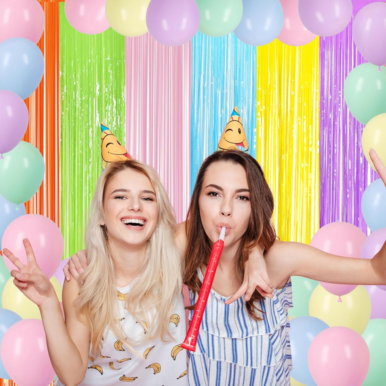 Birthday Decorations Pastel Party Backdrop, Fufuddz 65Pcs Macaron Balloons & 2Pcs 3.3x8.2ft Rainbow Foil Curtains Unicorn Decor for Girls Bridal Baby Shower Colorful Supplies Easter Streamers Gifts