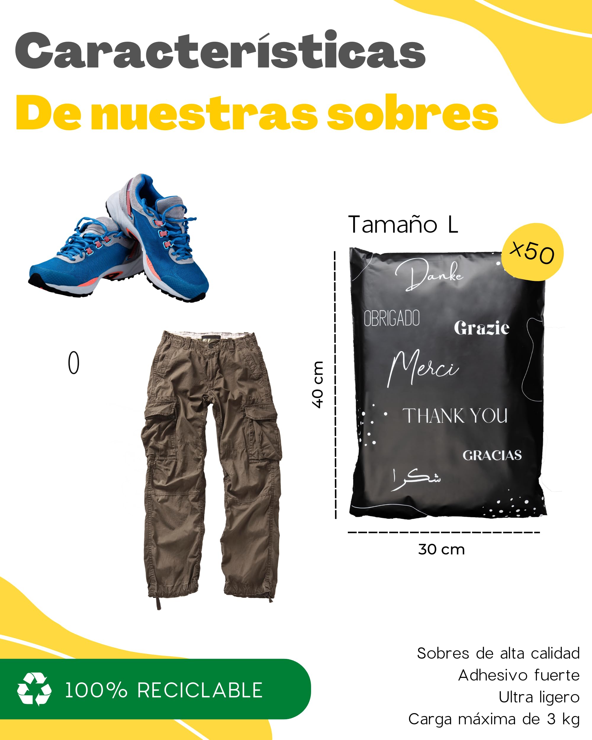 50 Bolsas Envio con bolsa portadocumentos - Tamaño L 40x30cm - 100% OPACO/ULTRA RESISTENTE/IMPERMEABLE - Sobres Plastico - Bolsas Envios Paquetes de Ropa - Cajas Envios Paquetes - Packaging