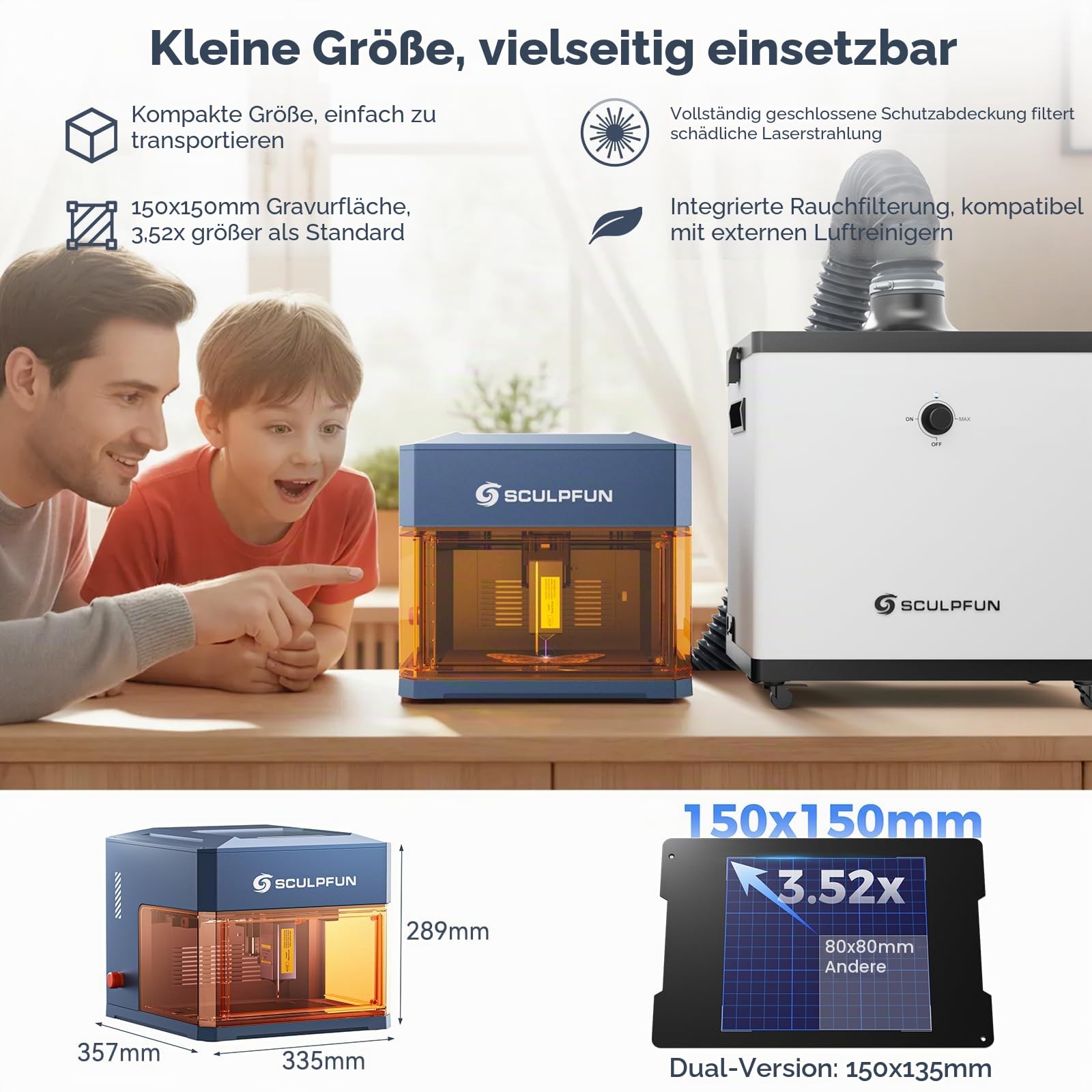 SCULPFUN iCube Ultra Dual Mini Laser Graviermaschine, mit PAC3 - Air Assist iAP & Kamera iCAM & Roller RAmini, 12W Diode und 1,2W Infrarot Laser, SCULPFUN APP, Laser Cutter mit Rauchfilter