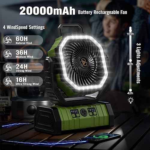 Miniatura 2 de Ventilador de camping portátil de 20000 mAh con luz LED, ventilador oscilante alimentado por batería recargable con control remoto y gancho,