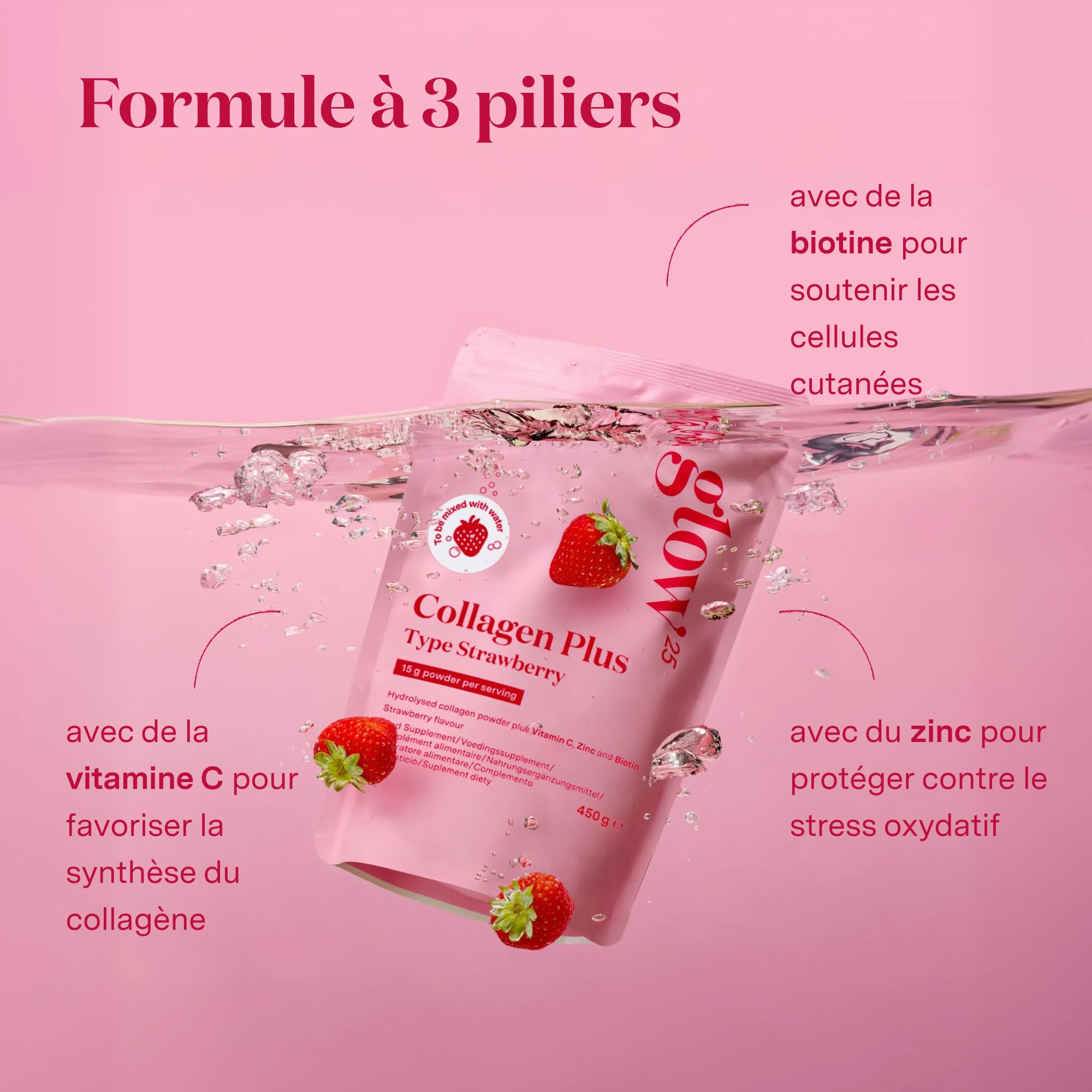 Glow25® Collagen Plus Fraise – vitamine C, zinc, biotine – peptides 1, 3 | Collagen plus fraise avec vitamine C, zinc et biotine – peptides type 1 et 3 – saveur fraise