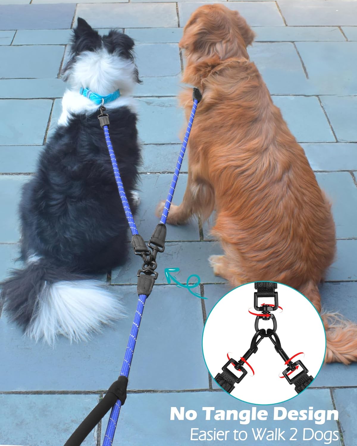 PetBonus Rope Double Dog Leash and 2-Pack Large Silicone Collapsible Dog Bowls