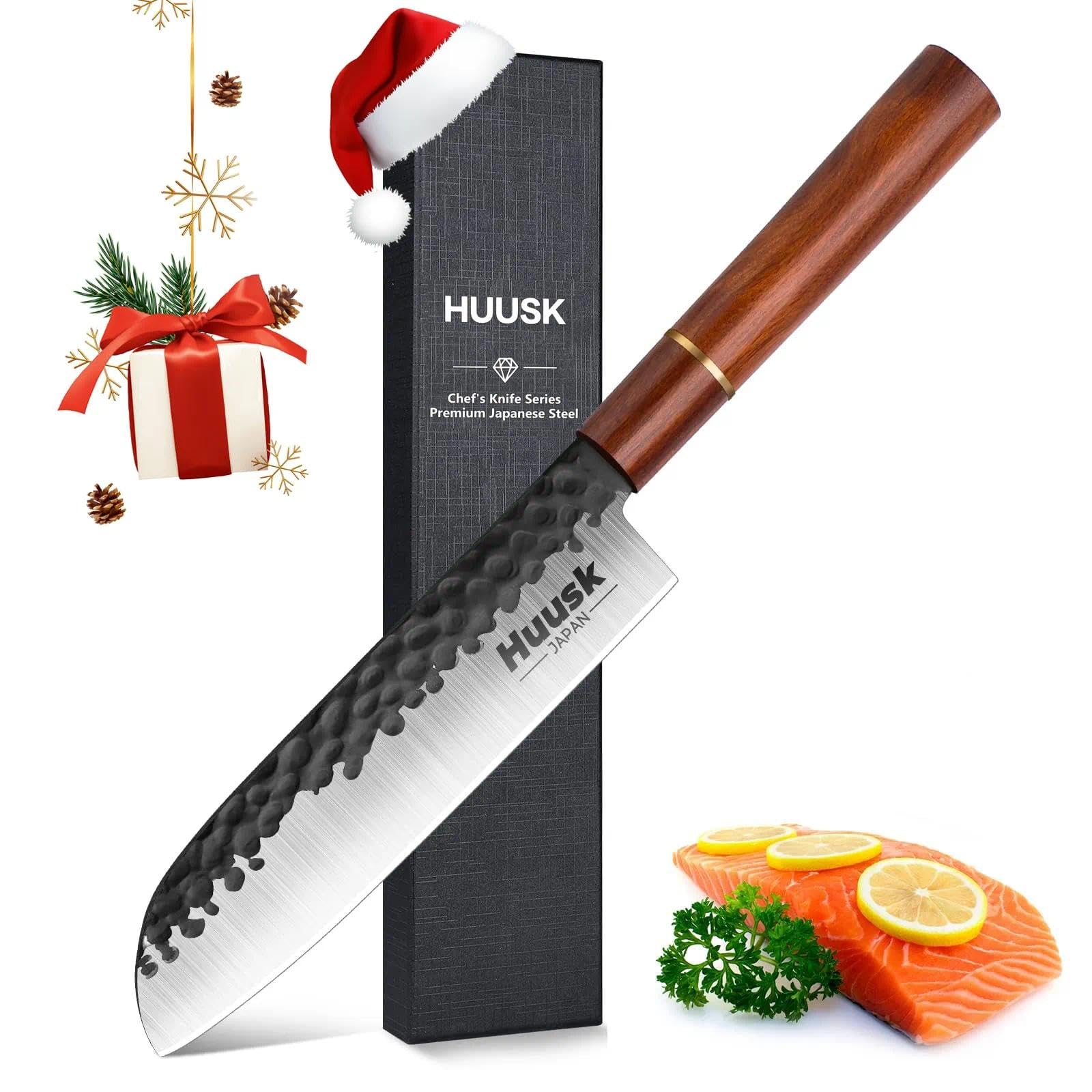 Huusk Japan Knife, 7 Inch Santoku Kitchen Knife, Professional Japanese Chefs Knives Hand Forged High Carbon Steel Sharp Chopping Knives, Ergonomic Rosewood Handle, for Meat, Fish, Christmas Gifts