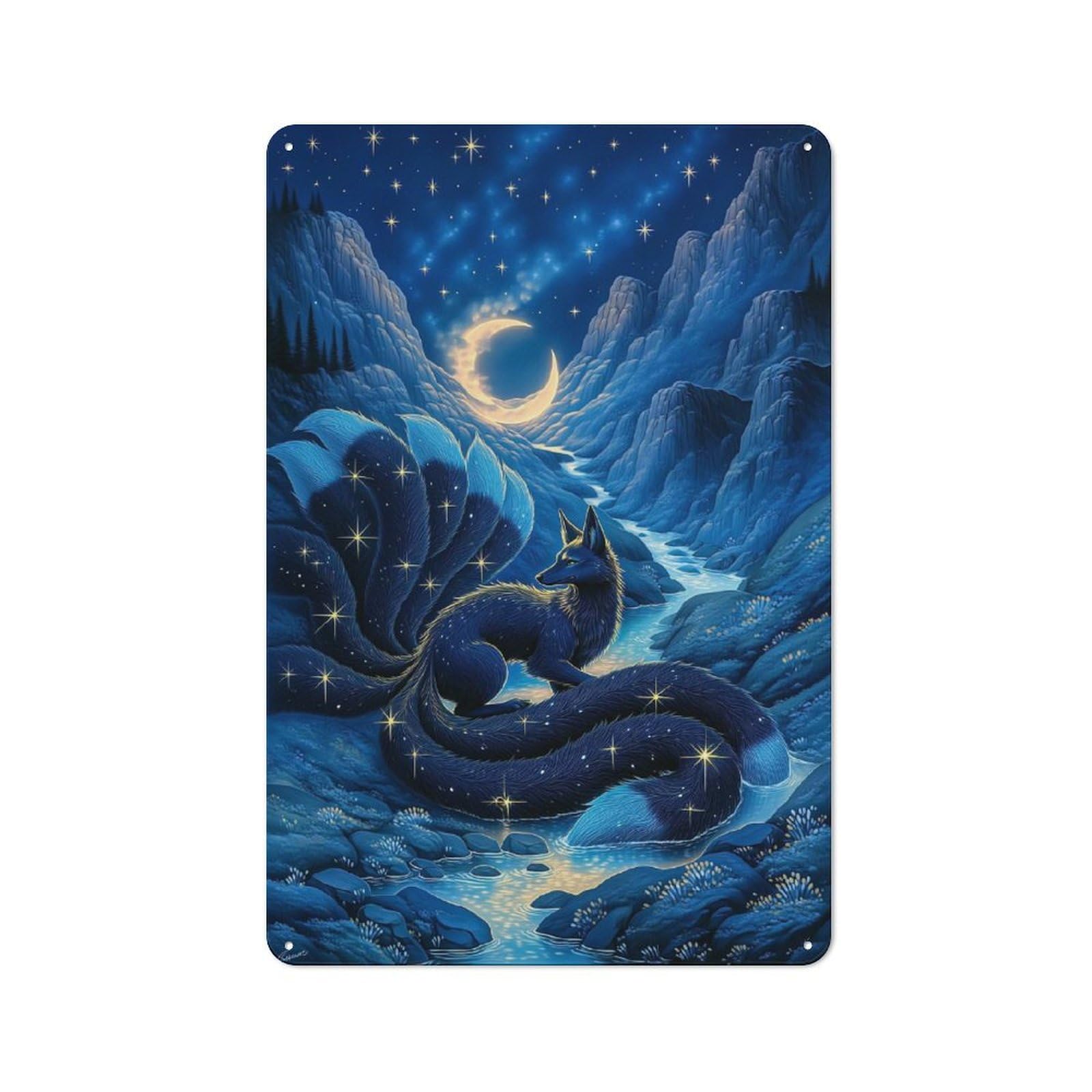 Junmoney Style-22 Mythical Fox Under A Crescent Moon Retro Metal Sign 30X20cm, Distressed Look Retro Room Decor For Living Room, Hallway, Kitchen Or Cafe