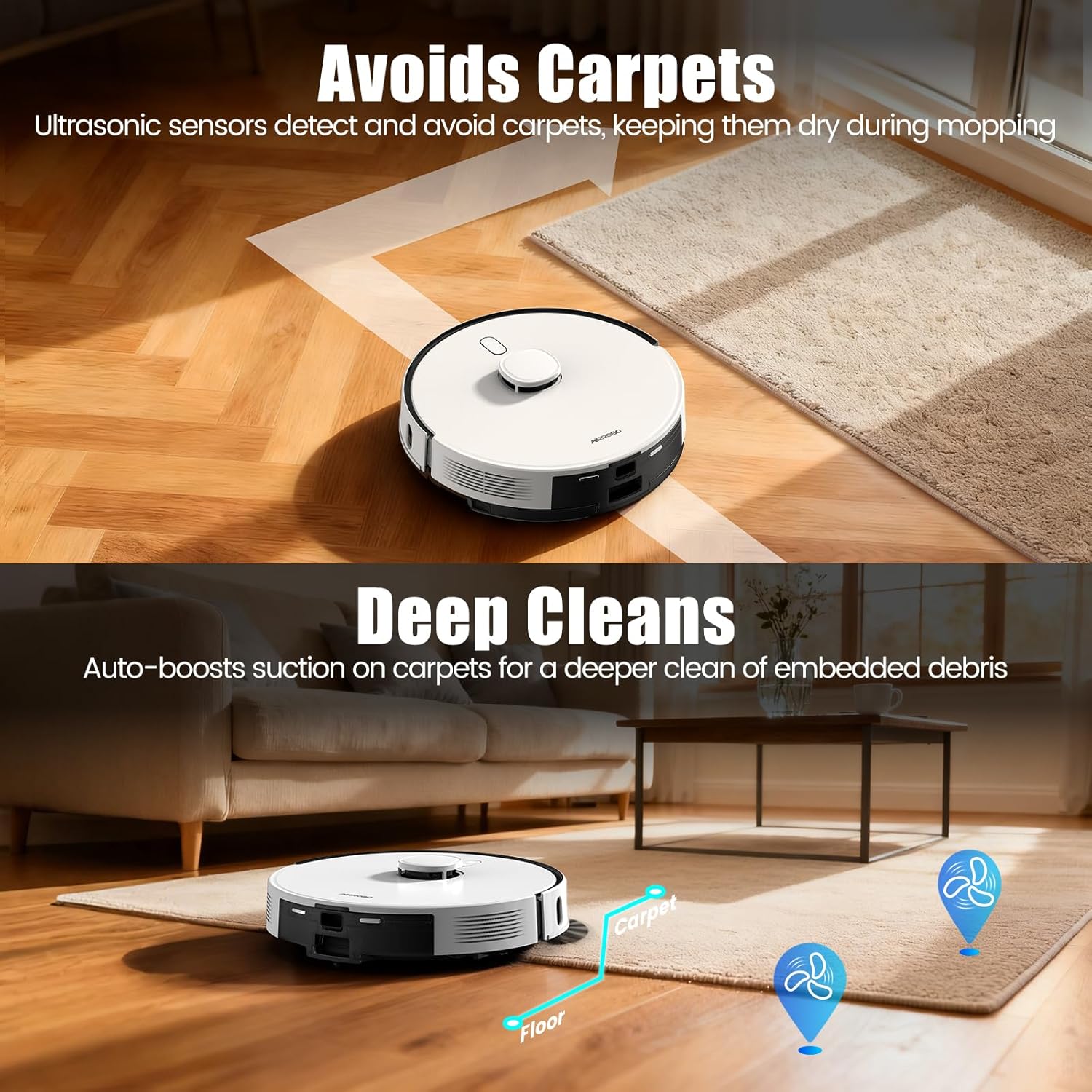 Top image shows the robot vacuum avoiding a carpet during mopping. Bottom image shows the robot boosting suction on a carpet for deep cleaning.