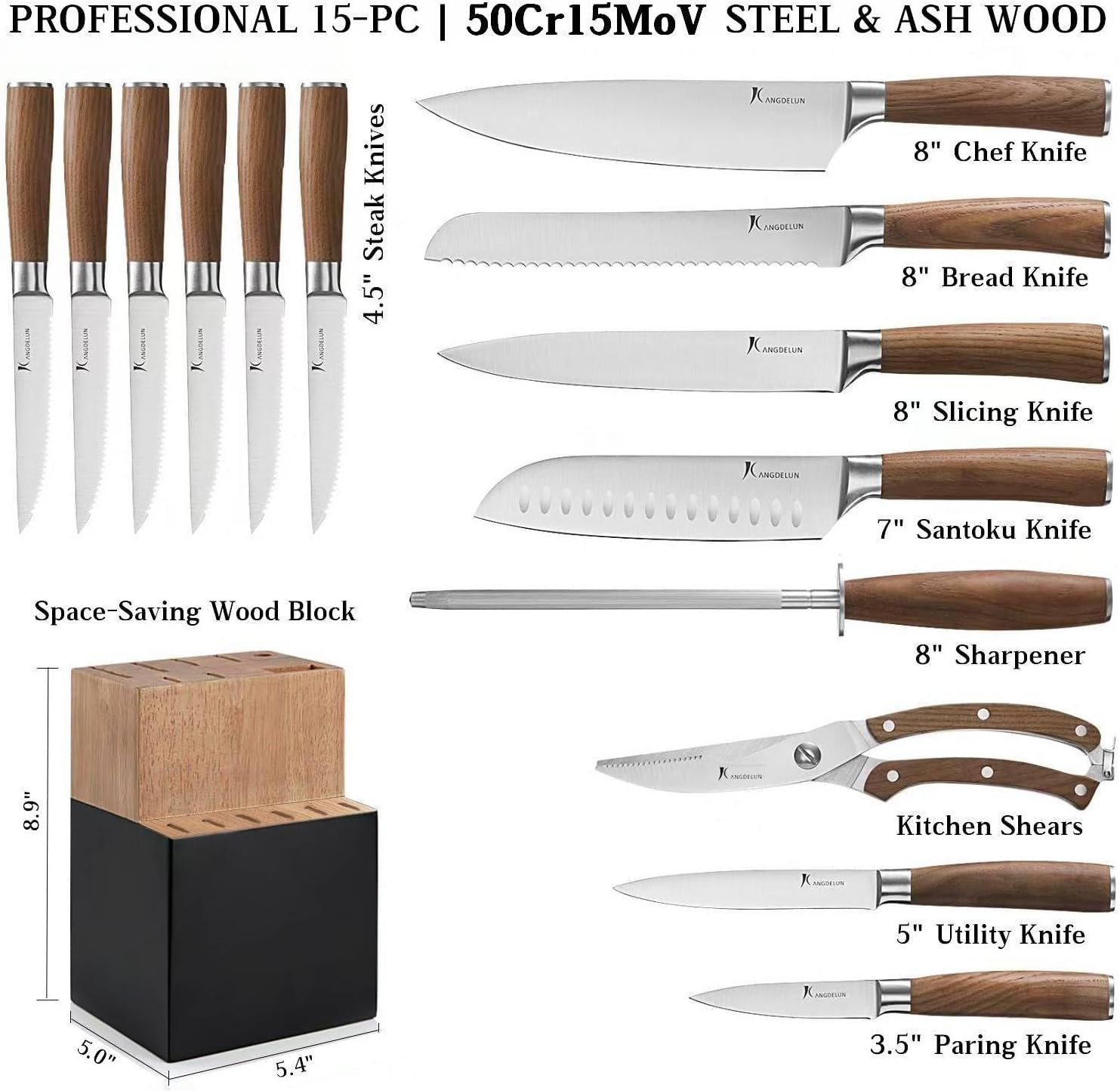 Ultra Sharp 15-Piece Kitchen Knife Set, High Carbon Stainless Steel Blades, Torrefied Brown Wood Handles, Ergonomic Design, Space-Saving Black-Finished Wood Block, Easy Hand Wash, Gift Box