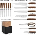 Kangdelun 15-Piece Ultra Sharp Kitchen Knife Set, 50Cr15MoV High-Carbon Steel Blades, Torrefied Wood Handles, Ergonomic Design, Space-Saving Black Wood Block, Easy Hand Wash, Gift Box