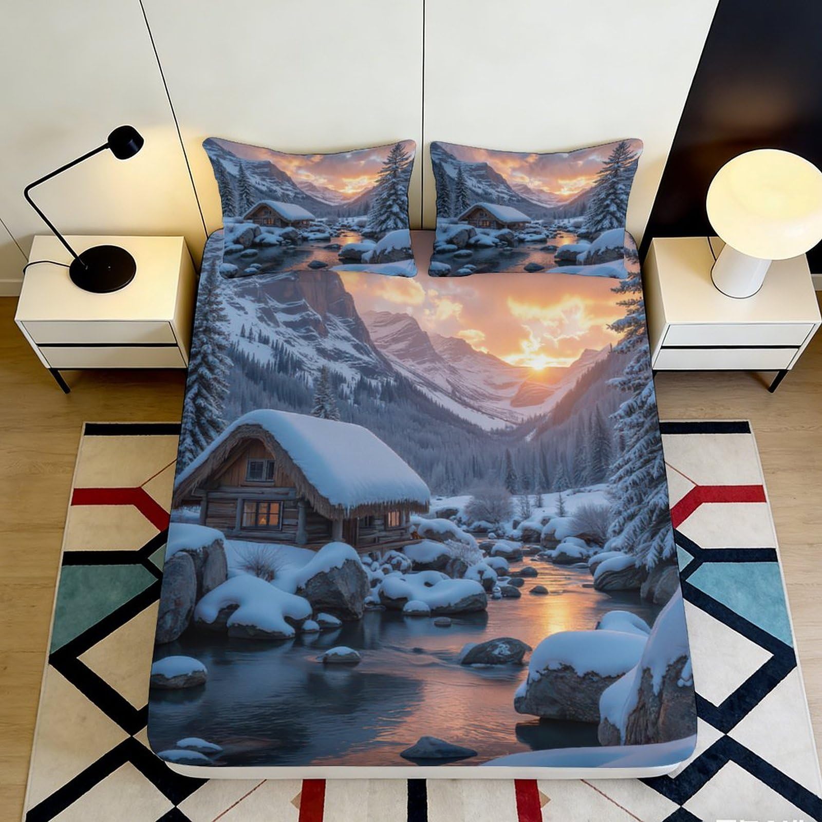 3D Printed Snow Cabin Fitted Sheet Microfiber Bedroom Bedding Snowy Scene Mattress Fitted Cover Deep Pocket Elastic Hem Washable 120x200x25cm