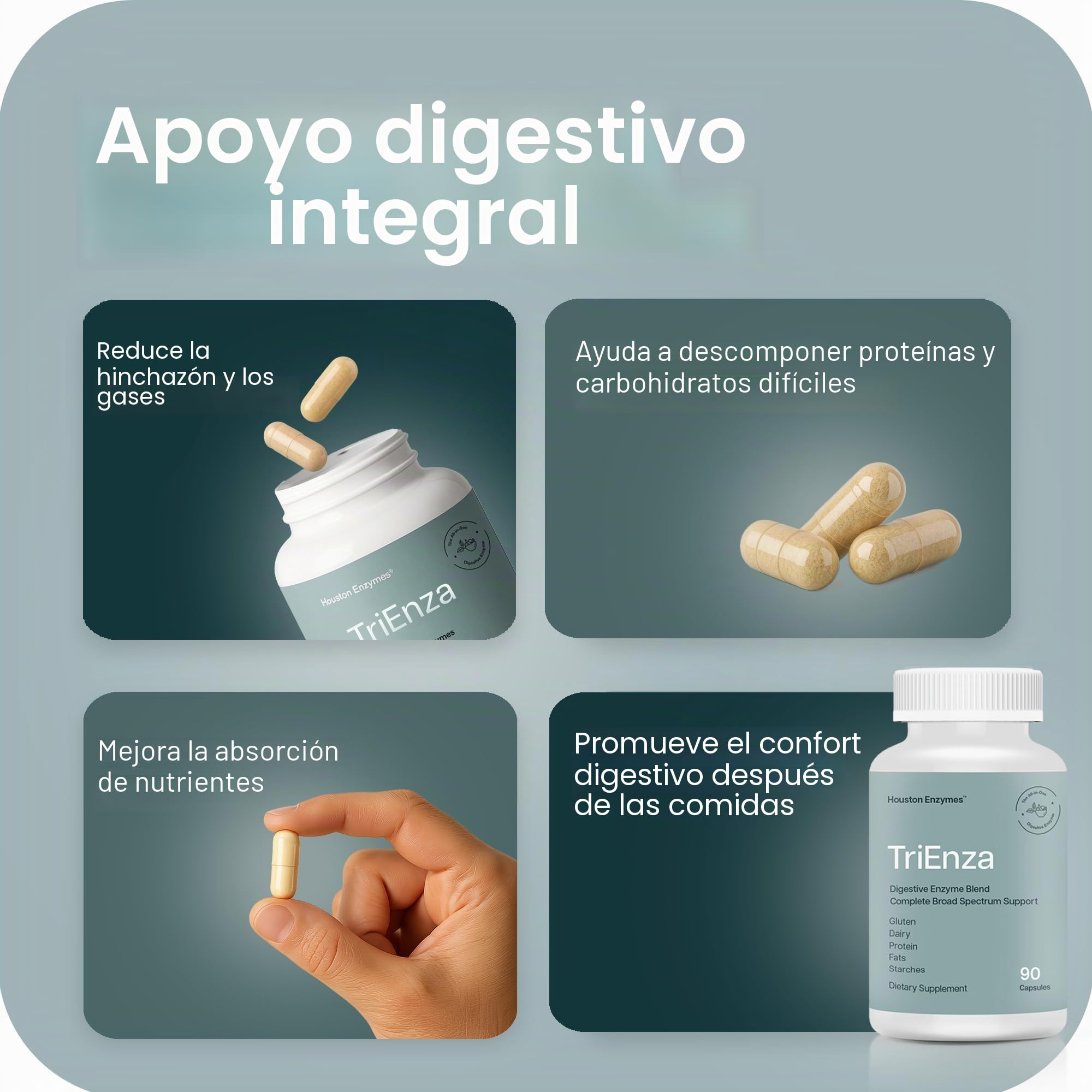 Houston Enzymes TriEnza - Suplemento enzimático digestivo para gluten, caseína, soja, proteínas, carbohidratos, grasas y polifenoles - Enzimas digestivas para mujeres y hombres (60 cápsulas)