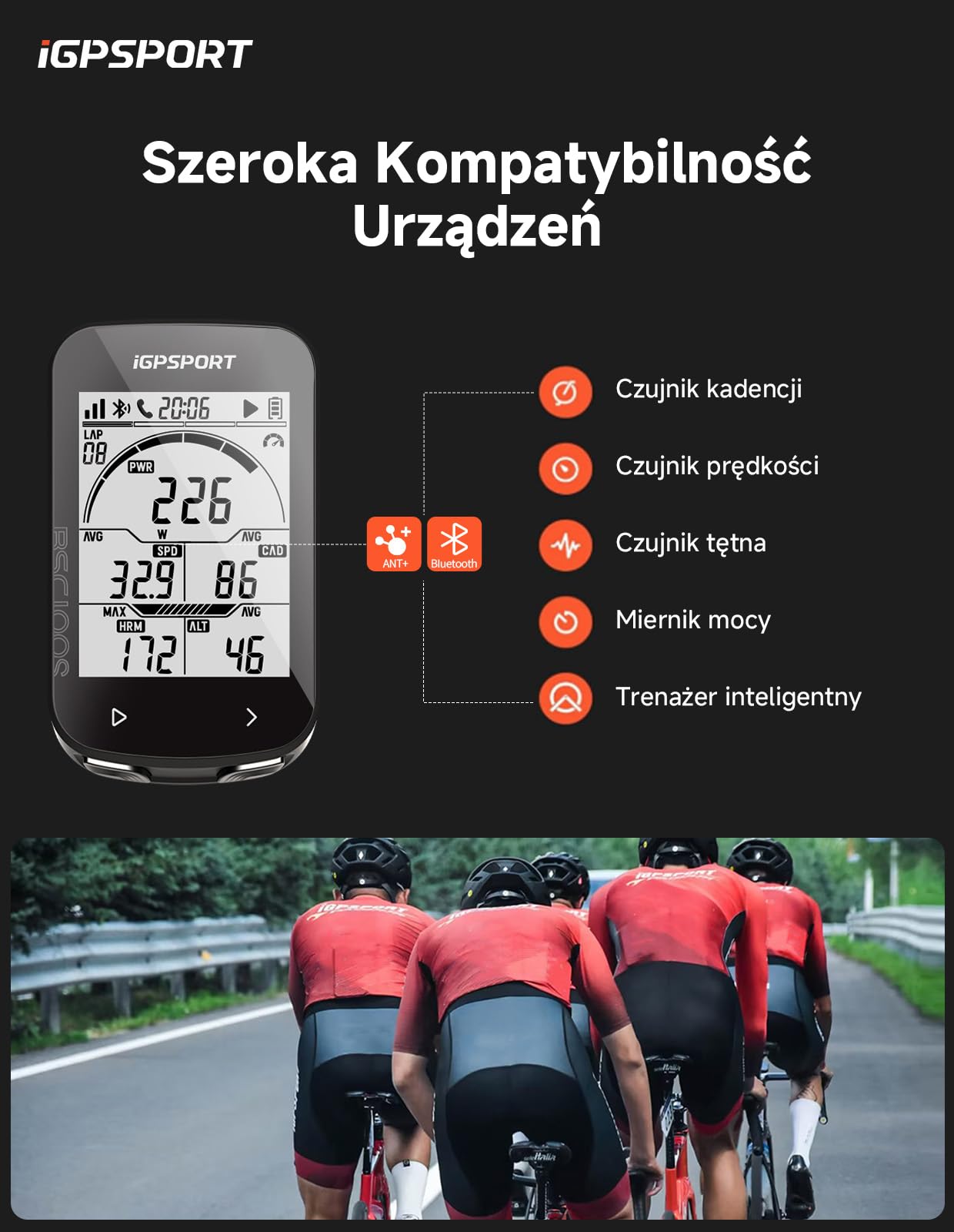 iGPSPORT BSC100SLicznik Rowerowy Bezprzewodowy, Ekran 2,6 Cala, 40 Godzin Pracy Na Baterii, Czujniki ANT+/BLE 5.0, Wodoodporność IPX7