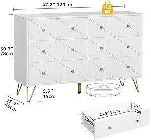 DWVO White 6 Drawer Dresser for Bedroom, Upgrade Large Wood Dresser Chest of Drawers with Fluted Panel & Golden Metal Handle, Modern Double Dresser Storage Cabinet for Living Room, Hallway, Entryway
