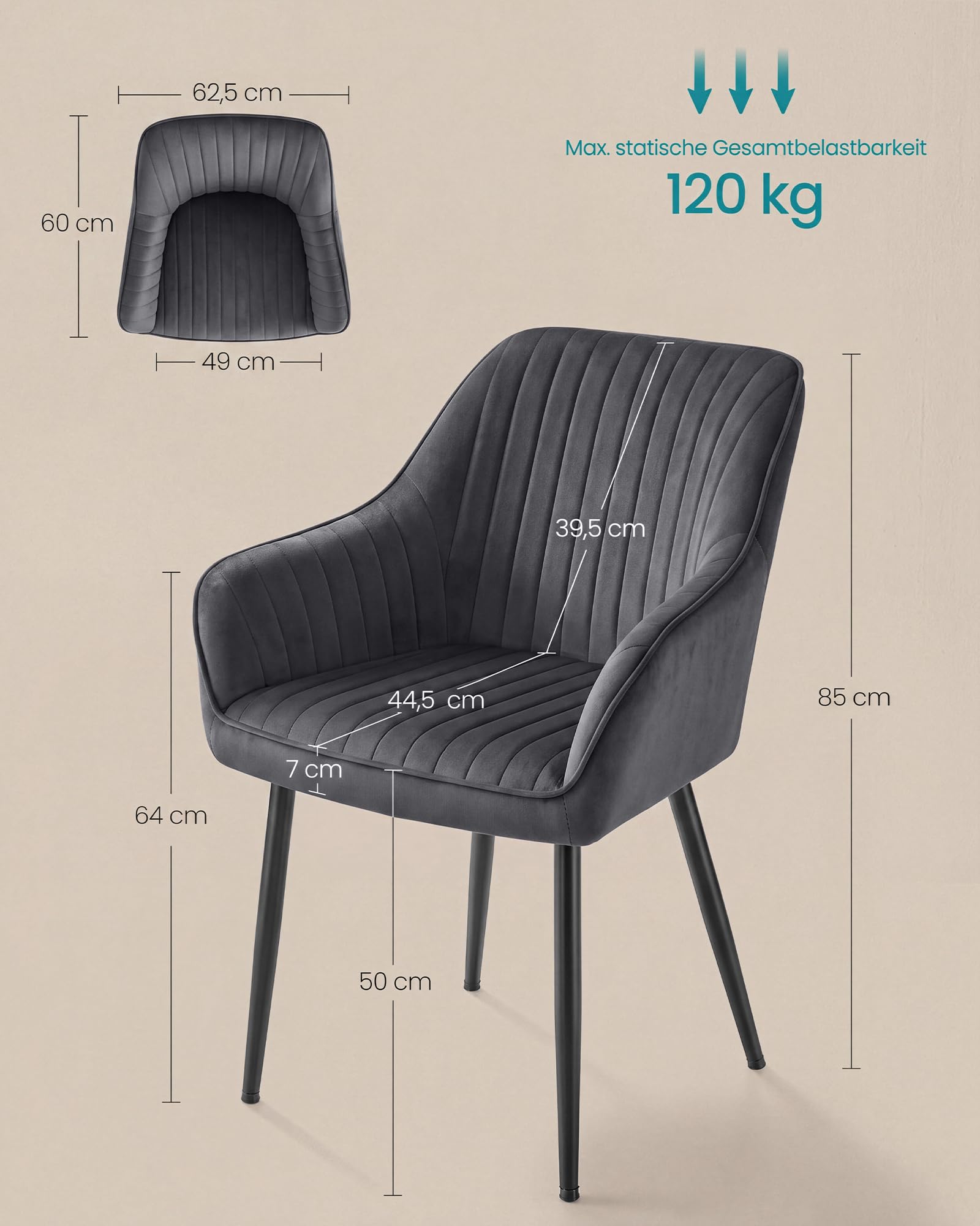 SONGMICS Esszimmerstuhl, 2er Set, Küchenstuhl, Sessel, Samt, Polsterstuhl mit Armlehnen, Loungesessel, bis 120 kg belastbar, Metallbeine, für Esszimmer, Küche, grau-tintenschwarz LDC087G02