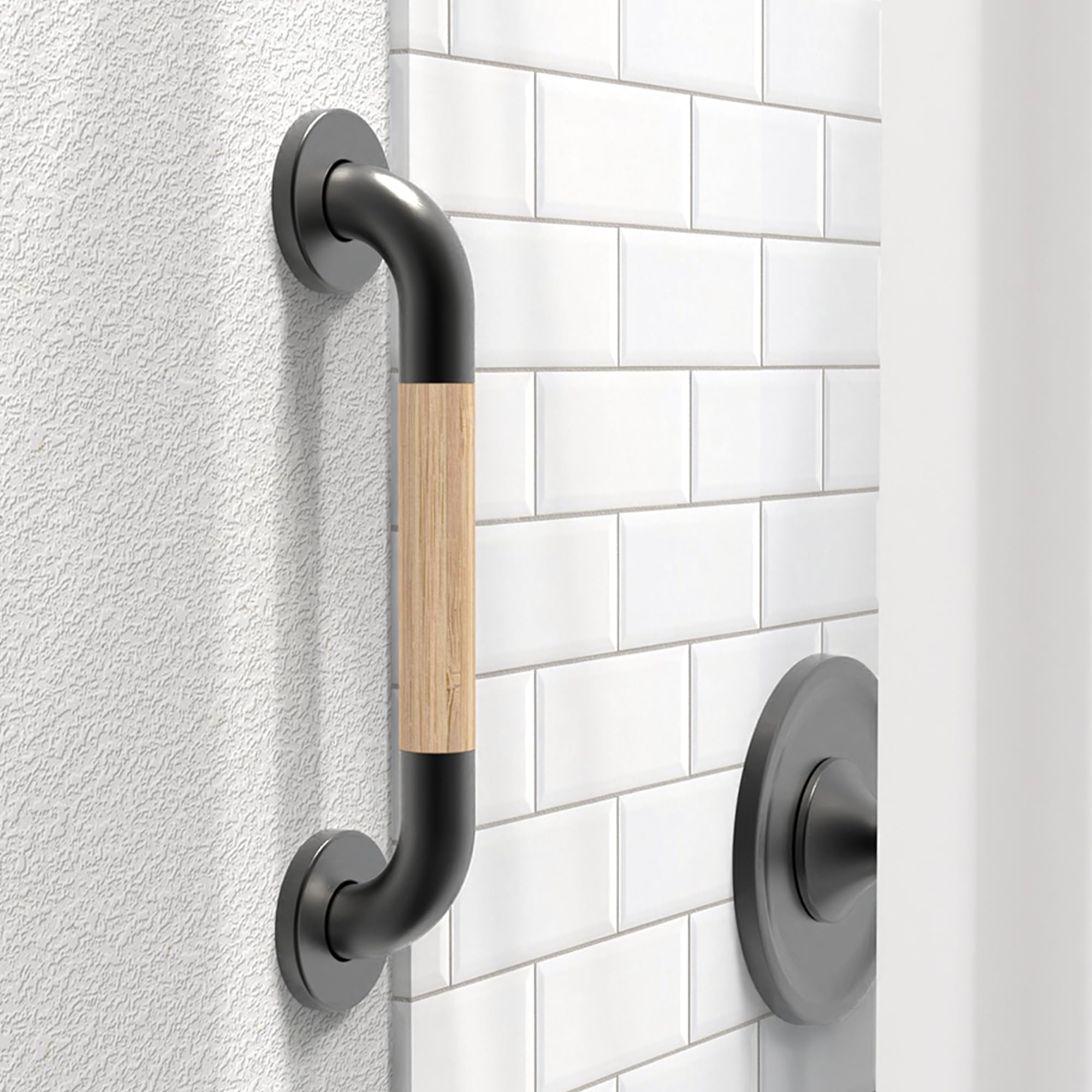 Safety Grab Bar for Bathroom & Toilet, Natural Bamboo Handle, ADA Compliant Balance Assist Handrail for Handicap and Seniors, 12in Matte Black