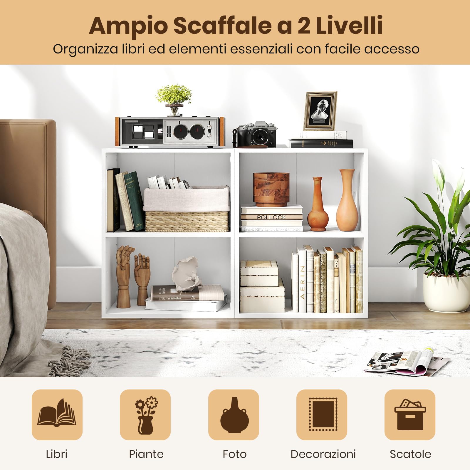 SOARS Libreria a 2 Cubi, Ripiano Mobile con 5 Posizioni Regolabili, Libreria 2 Livelli con Tappetini Antiscivolo e Adesivi per Fori delle Viti, Adatto per Studio, Soggiorno e Cucina (Bianco)