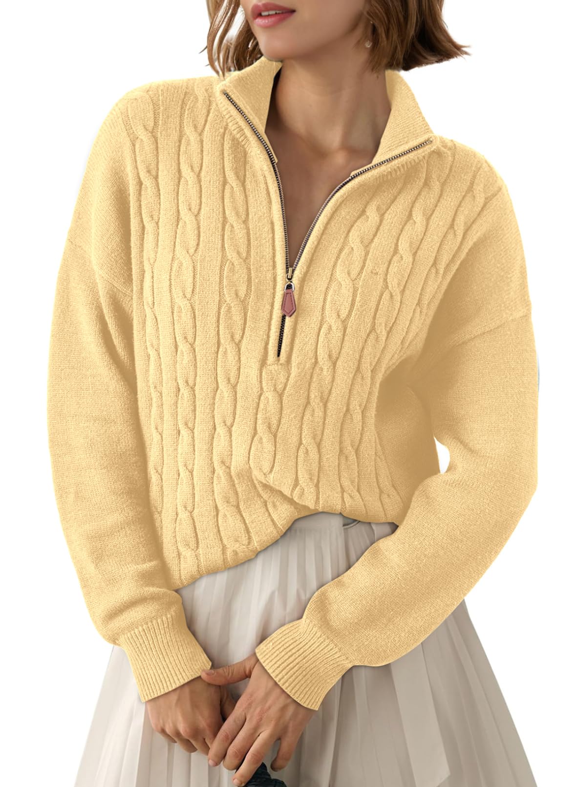 Dokotoo Womens Sweaters 2025 Fall Winter Quarter Zip Casual Ribbed Cable Knit Pullover