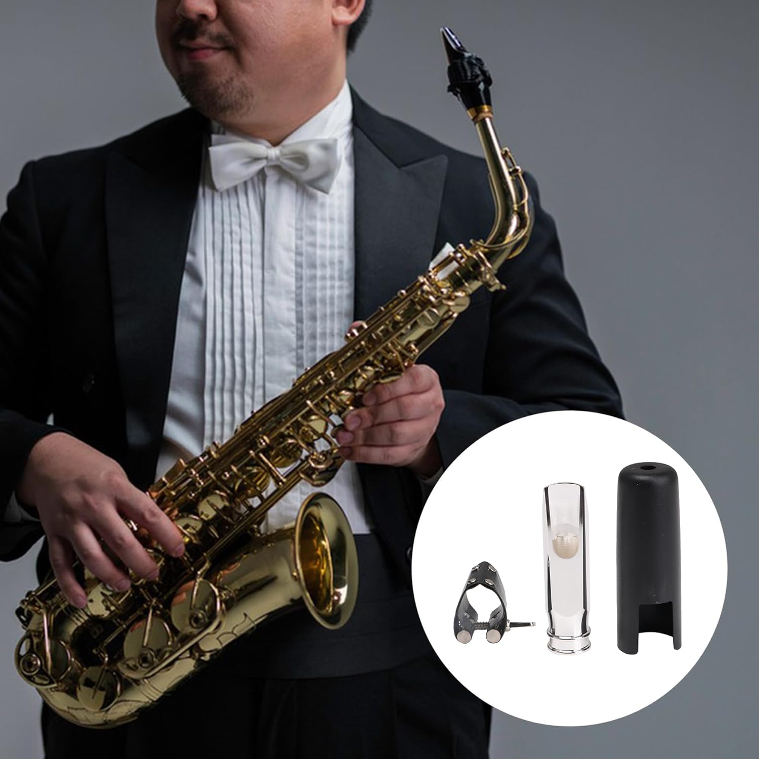 Yibuy Soprano Saxophone Mouthpiece 6#&Gold-plated Copper&Leather Leather Cap Set for Soprano B-flat Saxophone