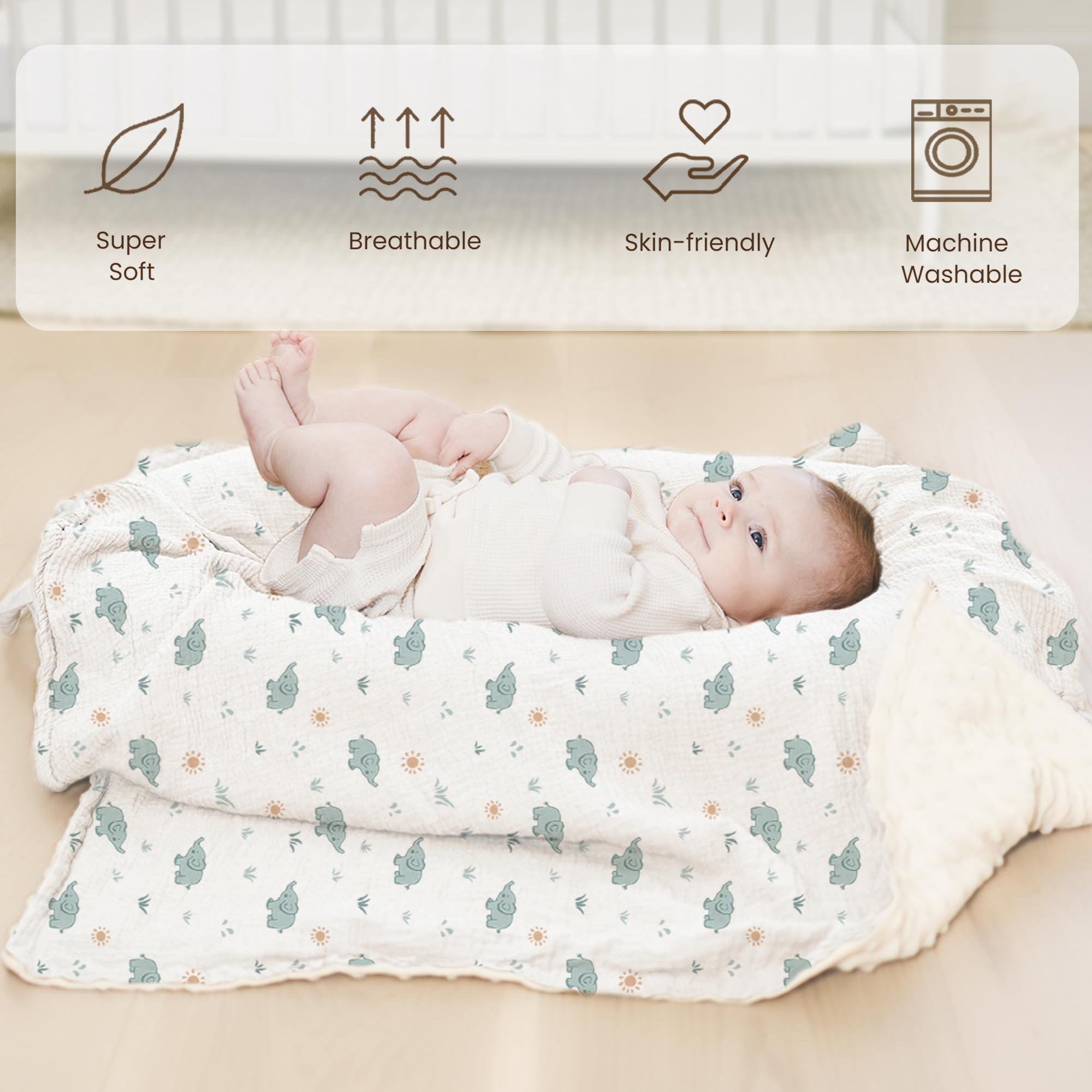 Konssy Mantas de bebé unisex para niños y niñas, mantas minky súper suaves con parte delantera de muselina de algodón y respaldo de forro polar punteado, mantas de cama impresas para recién nacidos