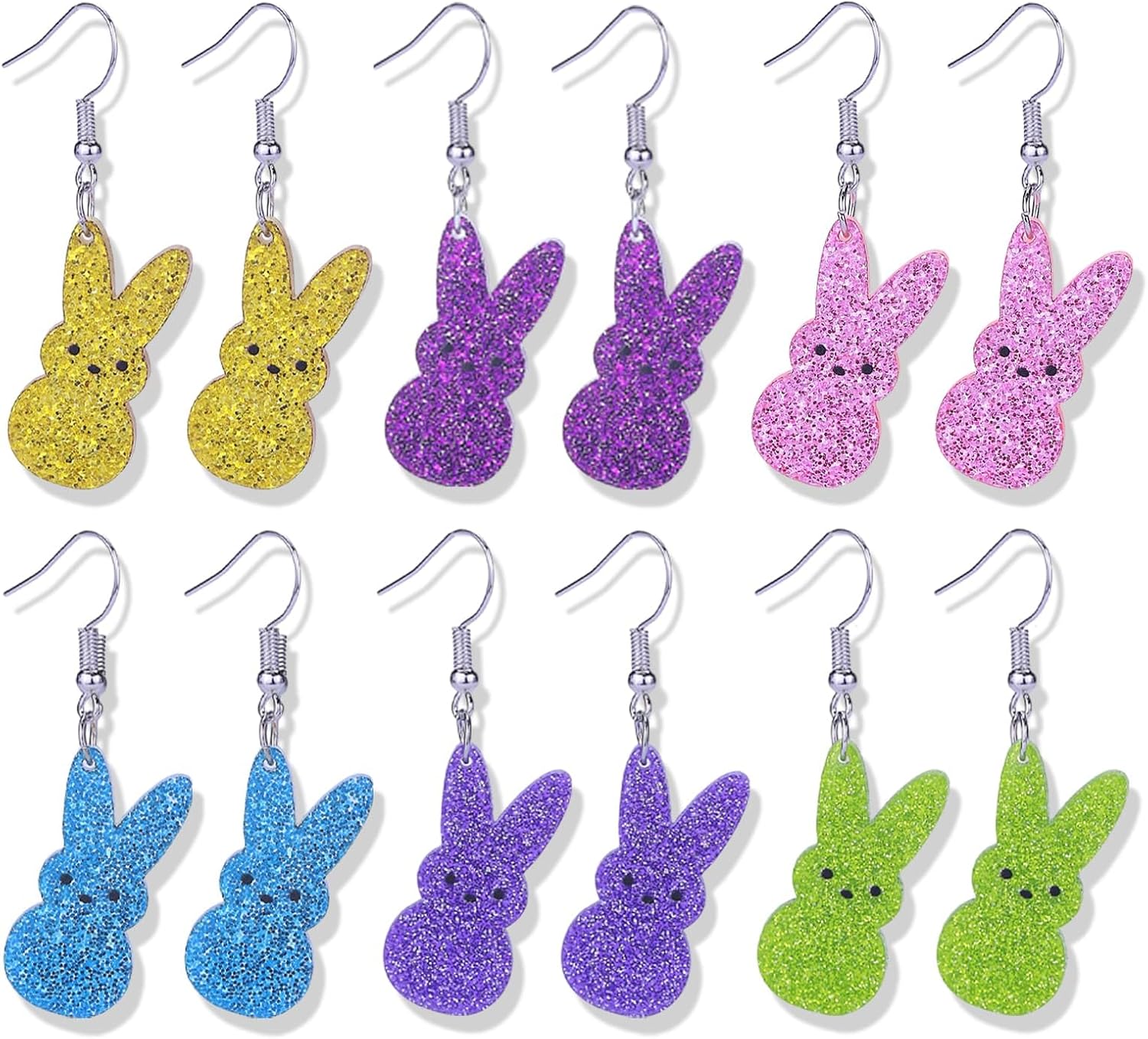 6PC Easter Peeps Bunny Earring Set Sparking Rabbit Dangle Earrings Colorful Wooden Rabbit Earrings Bulk Cute Easter Earring for Women Jewelry Accessorie