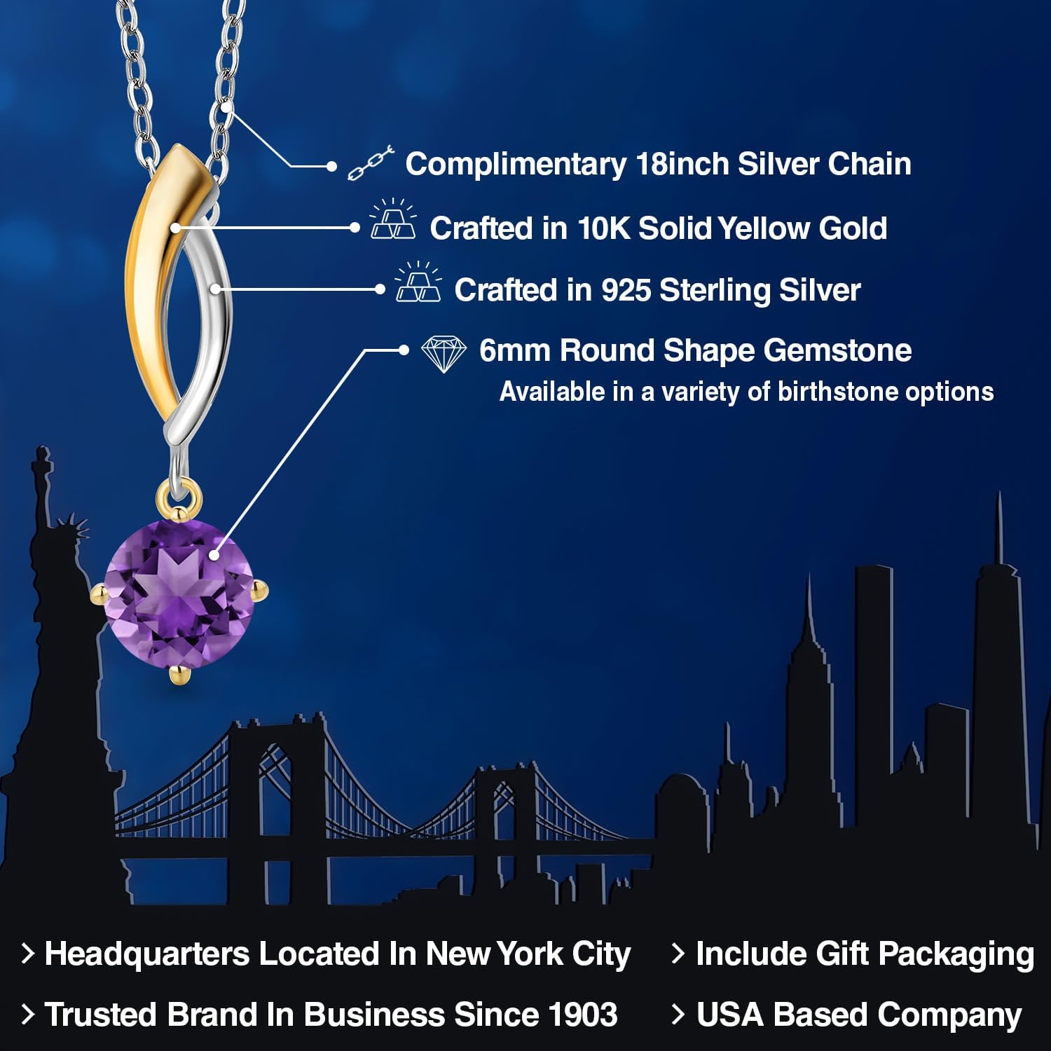 Gem Stone King 925 Silver and 10K Yellow Gold Purple Amethyst Pendant Necklace for Women | 1.00 Cttw | Gemstone February Birthstone | Round 6MM | With 18 Inch Silver Chain - Image 2