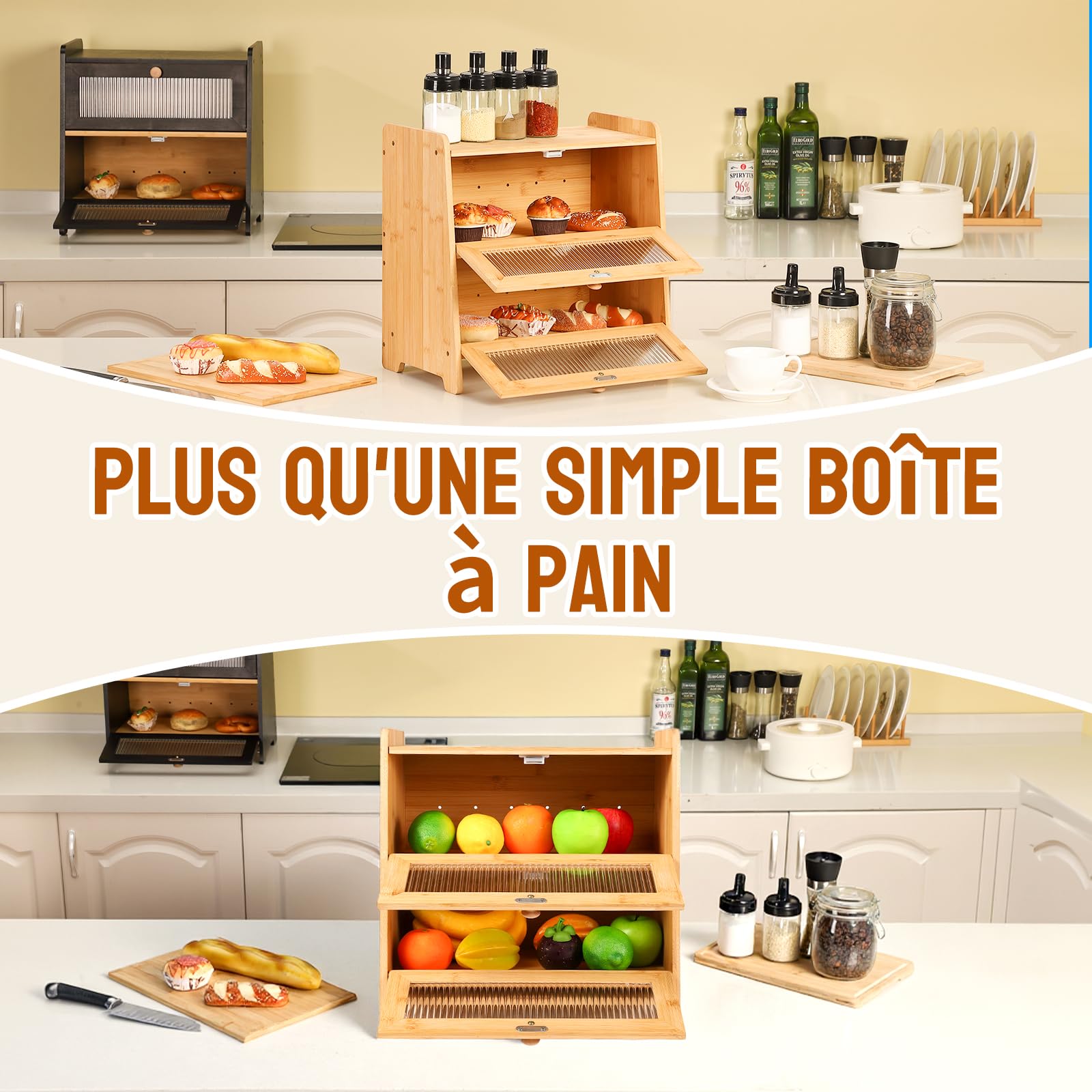 HAUSPROFI Boîte à pain en bambou à 2 étages - Avec planche à découper - Fenêtre visible ondulée - Élégante boîte à pain pour le stockage du pain - 40 x 25 x 40 cm