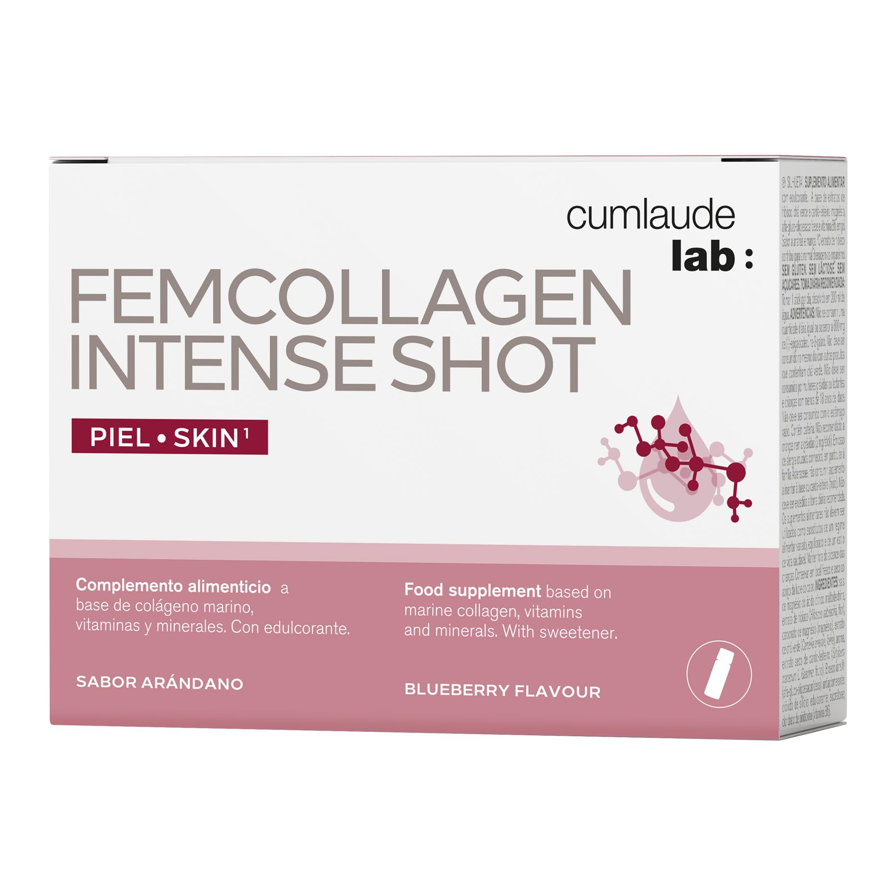 Cumlaude Lab - FemCollagen Intense Shot, Complemento Alimenticio, Ayuda al Mantenimiento de la Piel Sana, Previene el Envejecimiento, con Colágeno, Antioxidantes y Vitaminas, Sabor Arándano - 7 Viales