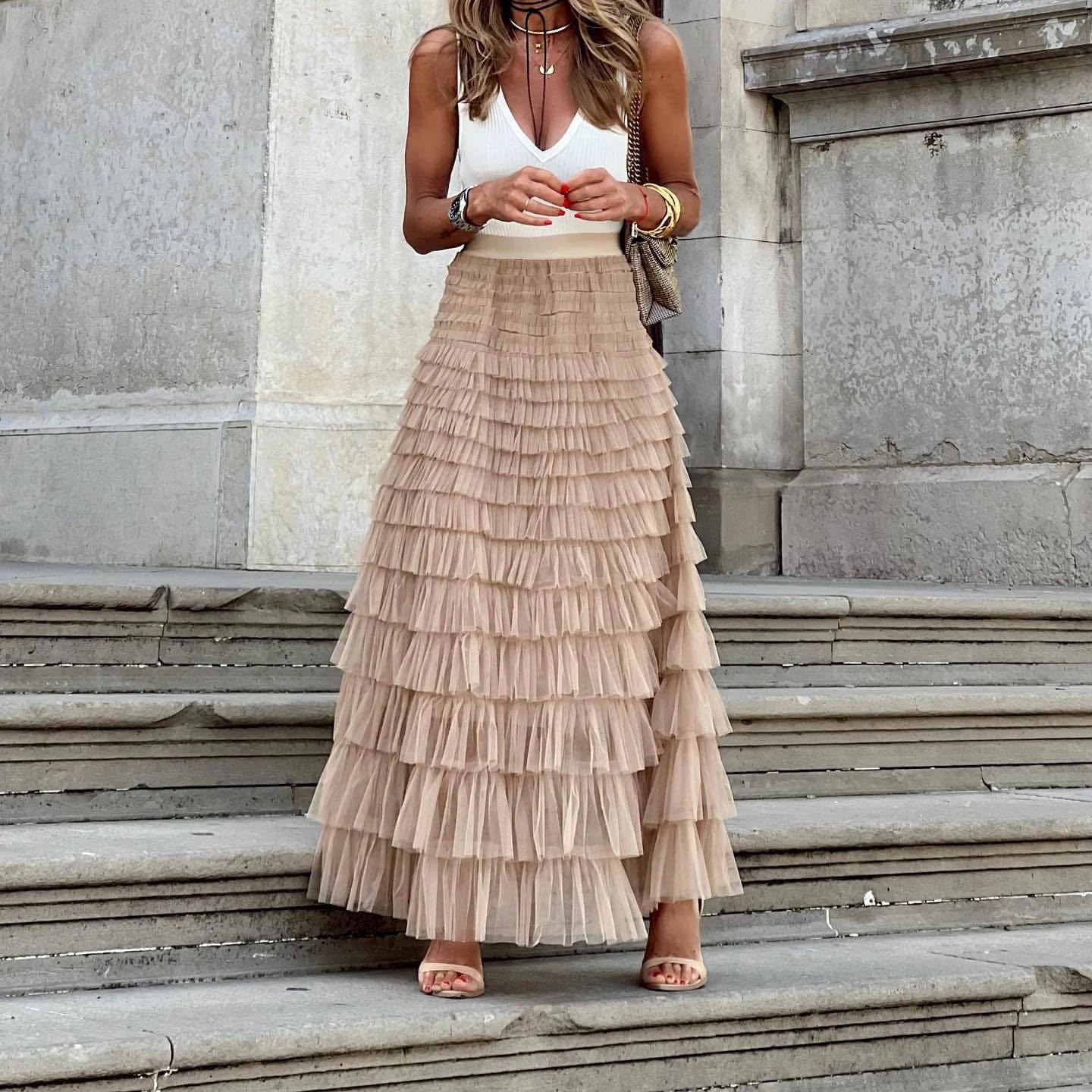 LIXINGHEITANG Skirt Women Tight Waist Long Loose Elegant A Line Skirts Casual Summer Office Lady Beach Slim