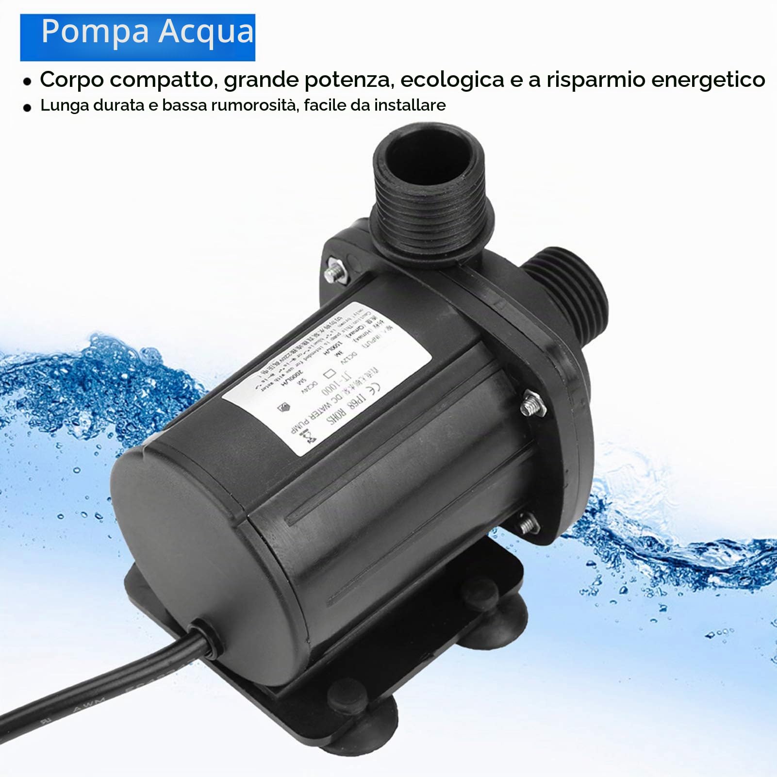 Pompa Acqua Sommersa 24V DC Brushless 2000L/h, Micro Pompa Senza Spazzole per Acquario e Fontana da Giardino, Silenziosa ed Efficienta Energeticamente JT-1000B-24
