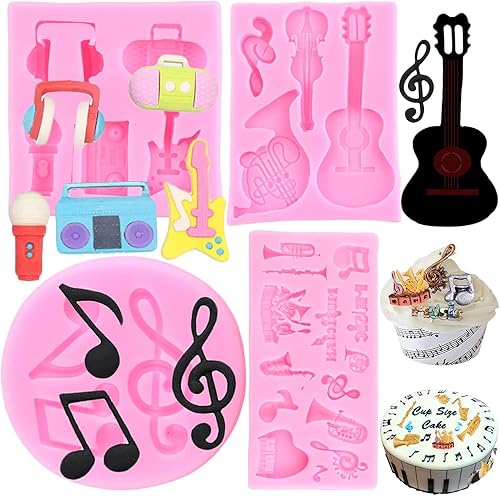 Miniatura 10 de Mujiang Juego de 3 moldes de silicona para instrumentos musicales para fondant, guitarra, piano, caramelo, para decoración de pasteles, pasta de