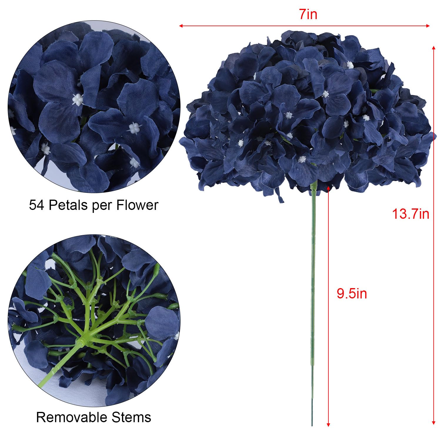 Aviviho Hydrangea Silk Flowers Navy Blue Heads Pack of 10 Full Hydrangea Flowers Artificial with Stems for Wedding Home Party Shop Baby Shower Decor - Image 3